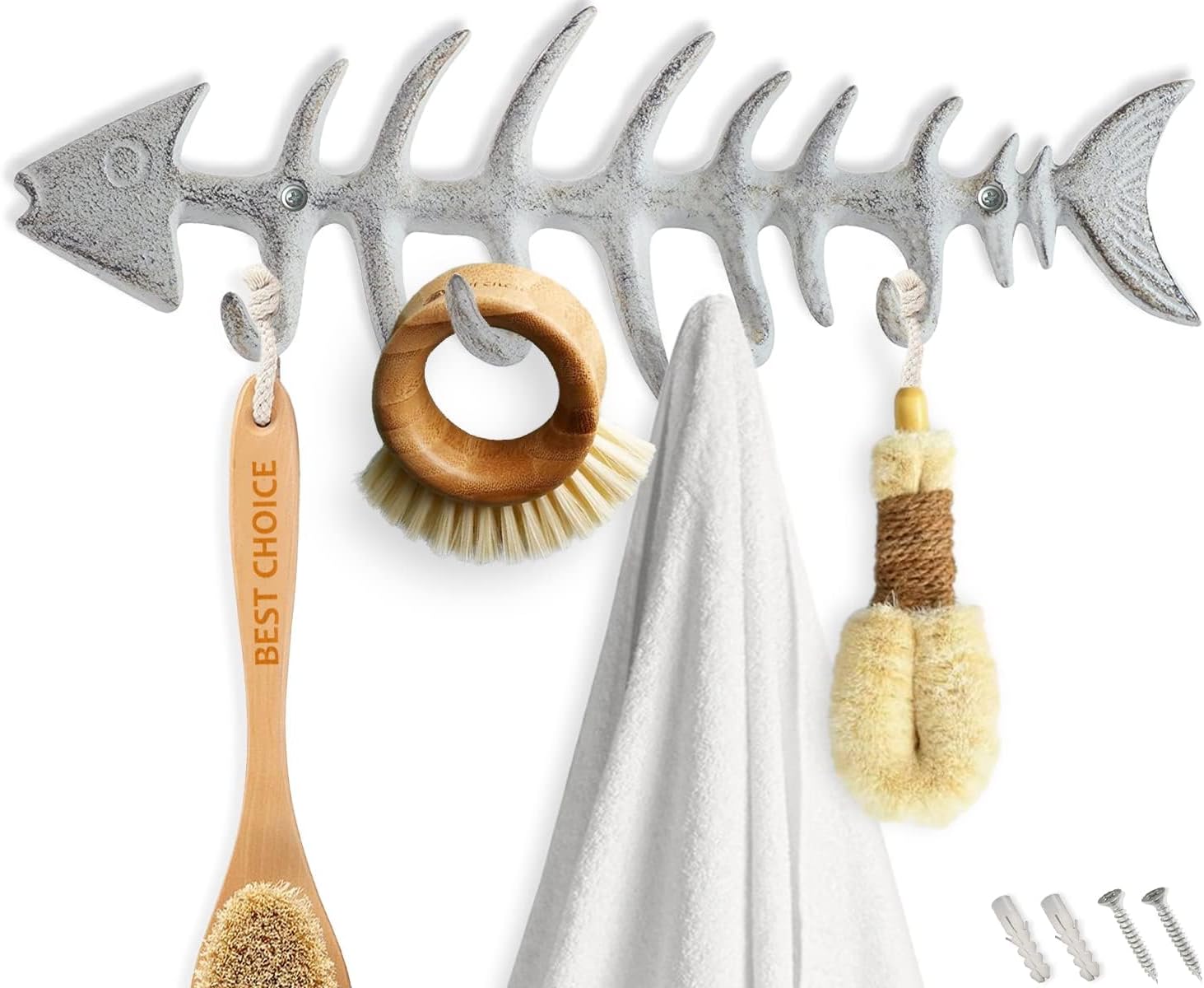 Comfify Fish Bones Wall Mounted Towel Rack – Stylish Cast Iron Hanger with 4 Hooks – Includes Screws and Anchors – Teal Blue
