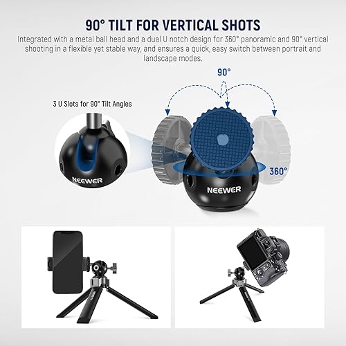 Miniatura 5 de NEEWER Mini trípode de metal para cámara con cabeza de bola giratoria de 360 3 soportes de zapata fría, trípode de viaje de escritorio con tornillo