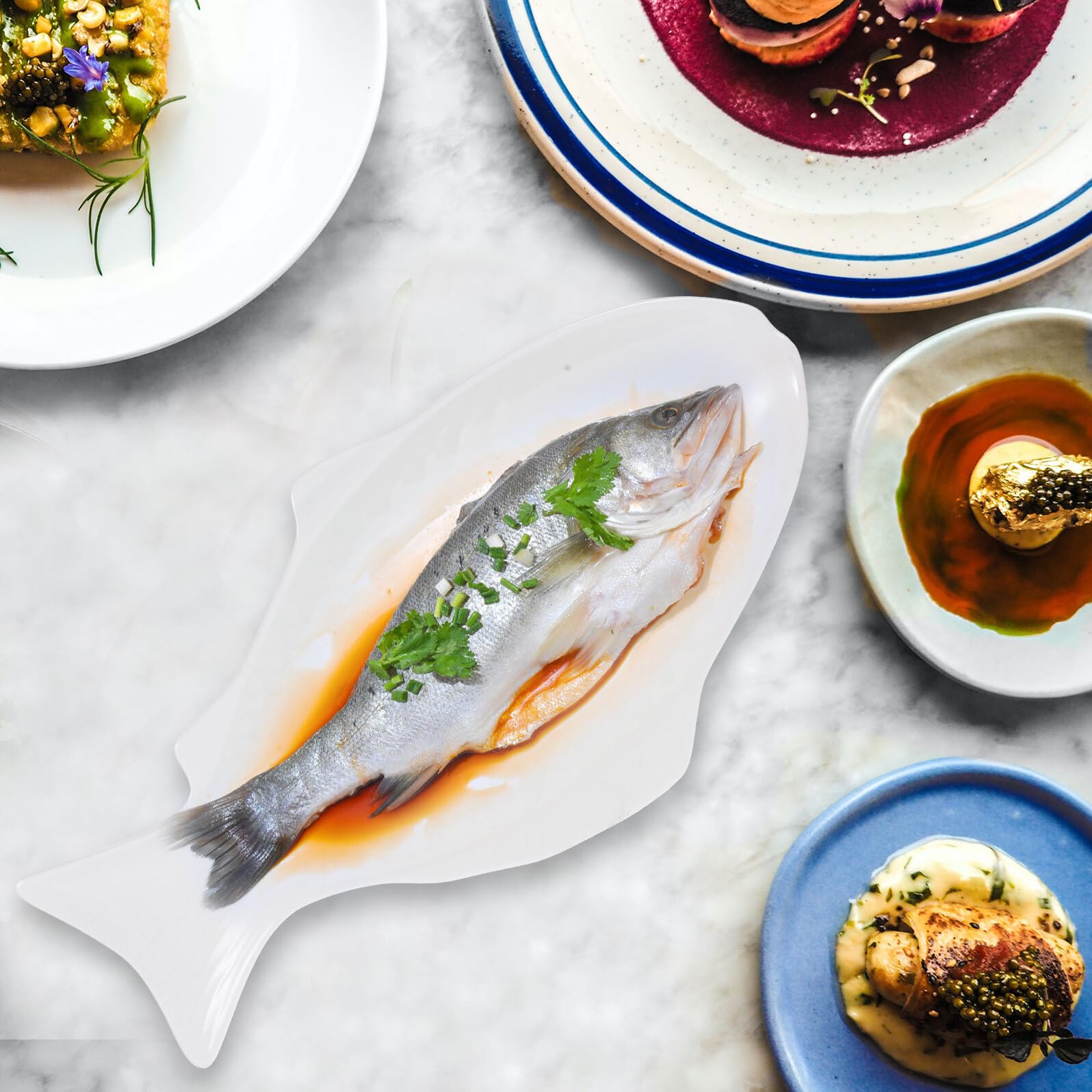 Plato de Pescado de Cerámica, Diseño Elegante y Ligero, para Servir Mariscos y Aperitivos, Adecuado para Mesa del Comedor