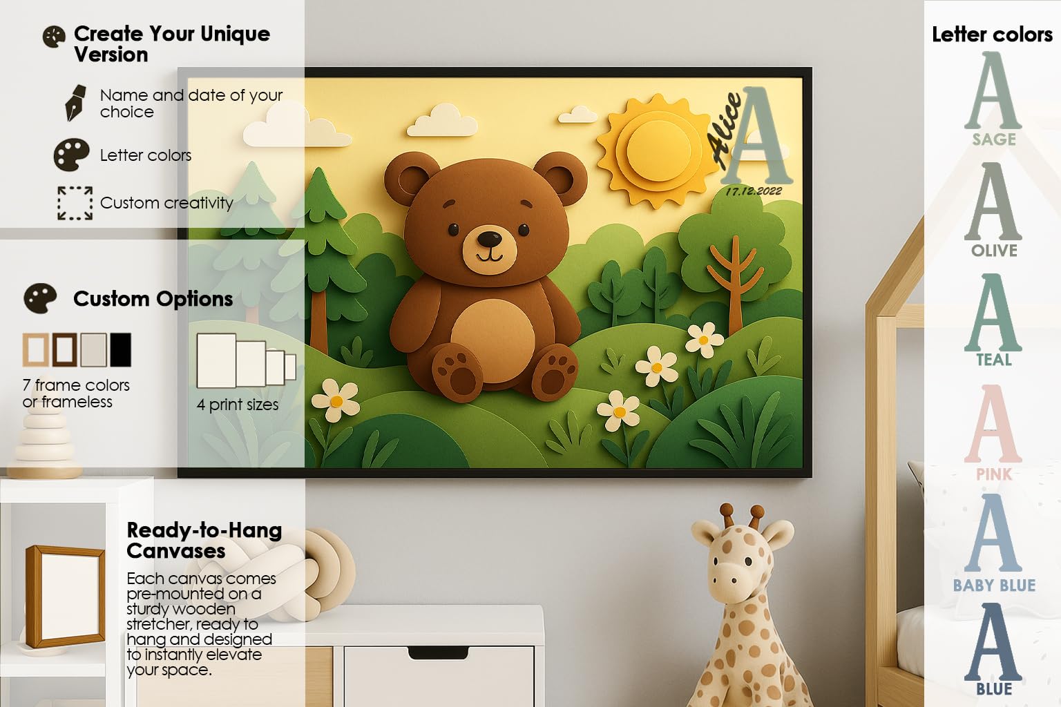 Artefizio Cuadro Infantil Decorativo con Animales, Bastidor Extra Grueso, Lienzo Personalizado con Nombre para Dormitorio de Bebé, Guardería o Aula de Juegos, Made In Italy (Sunny Bear Hills)