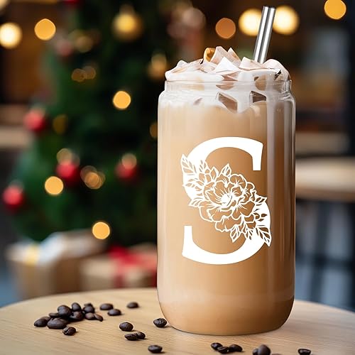 Miniatura 105 de Coolife Vaso de vidrio con inicial, regalos con monograma para mujer, tazas de vidrio de 16 onzas con tapas y pajitas, vaso de cerveza para batido