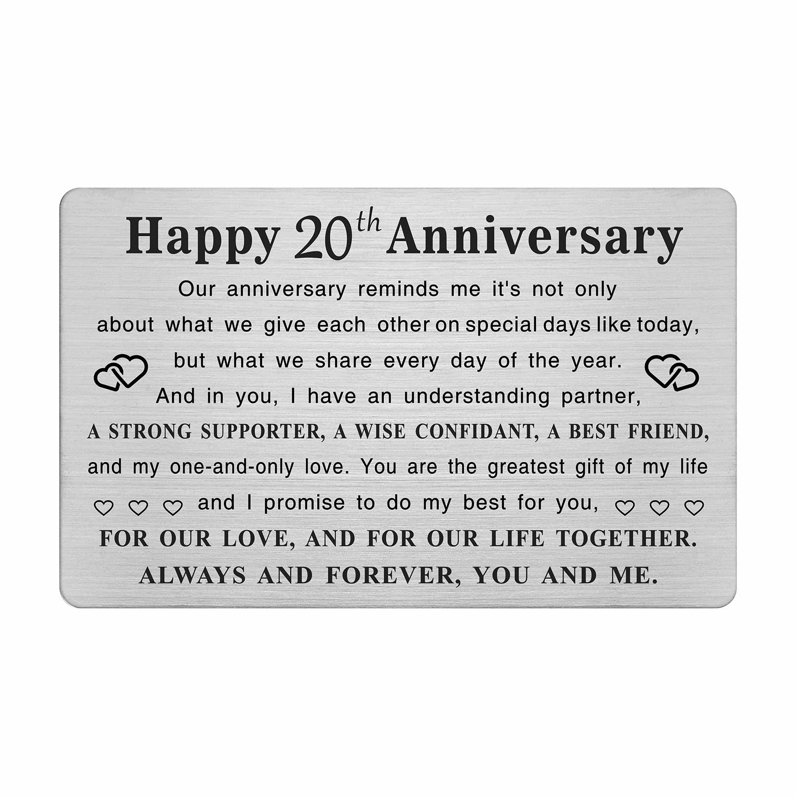 TGCNQ Metal Engraved 20 Year Anniversary Card, 20th Anniversary Card Gifts for Husband Wife Him Her, 20 Year Wedding Anniversary Decorations