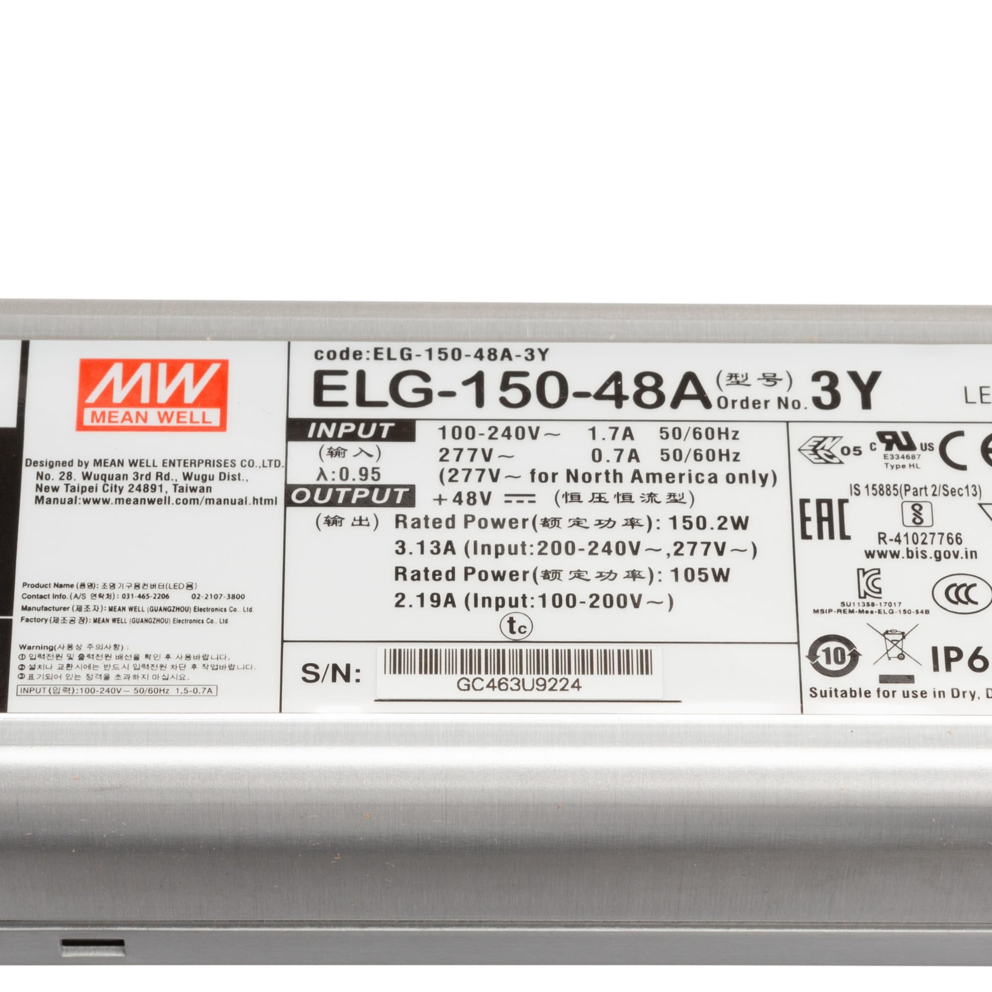 Mean Well ELG-150-48A-3Y - Trasformatore LED a tensione costante, 150,2 W, 1,56-3,13 A