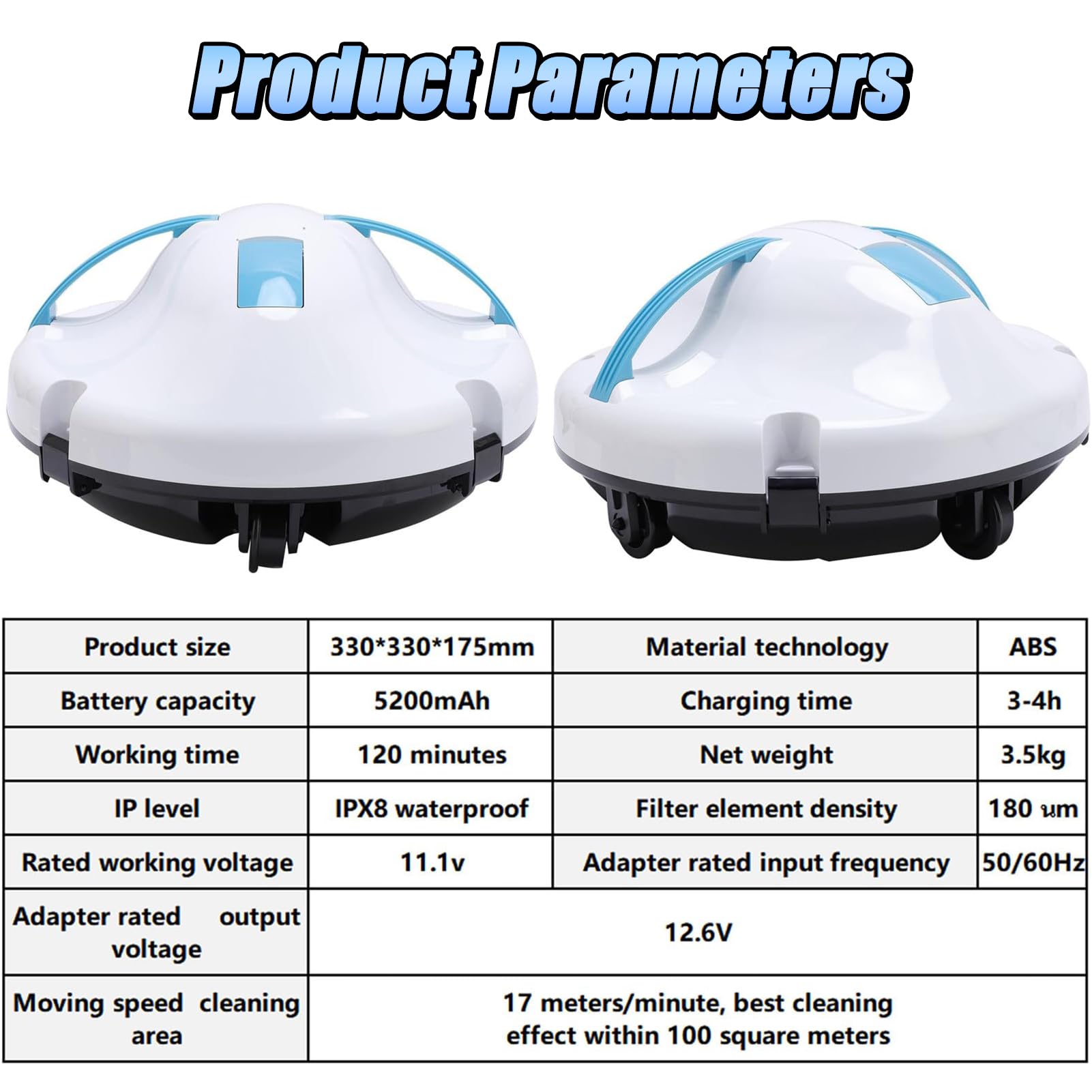 Aspirateur de piscine automatique, robot sans fil avec navigation intelligente et batterie de 5200 mAh, évitement automatique des obstacles, densité de filtre de 180 μm