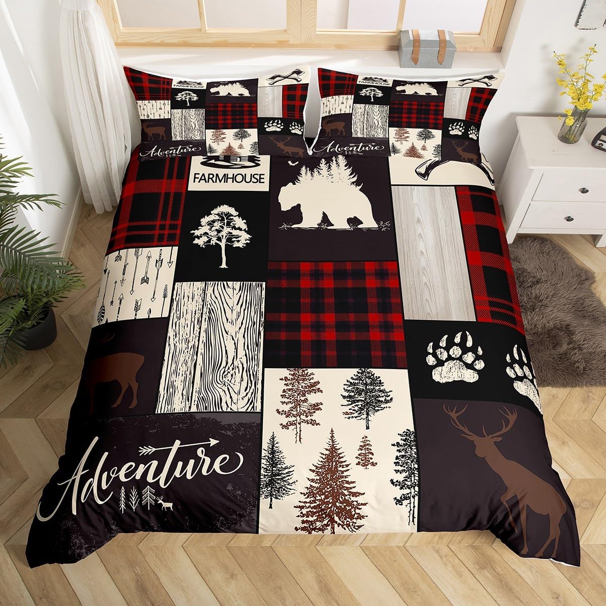 Retro Cabin Duvet Cover For Boys,Checkered Plaid Patchwork Bedding Set For Kids Teens Adult