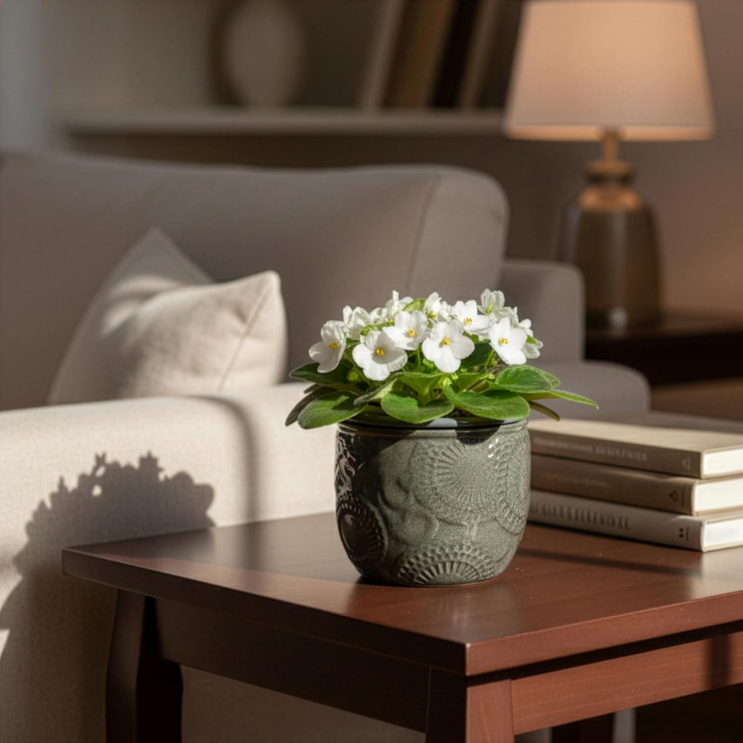 6.5” Ceramic Self Watering African Violet Planter with Embossed Floral Design – Durable Indoor Plant Pot for Orchids, Succulents, and Houseplants