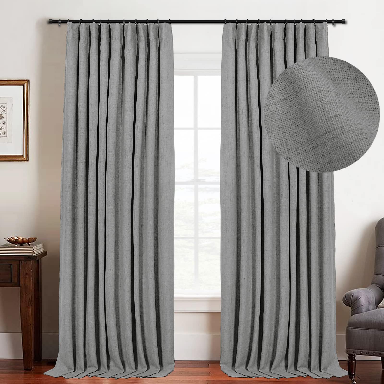 zeerobee 100% Blackout Curtains for Living Room/Bedroom 2 Panels Set 108 Inch Curtains Linen Blackout Curtains 108 Inches Long Thermal Insulated Black Out Curtains&Draps, W50 X L108, Dark Gray