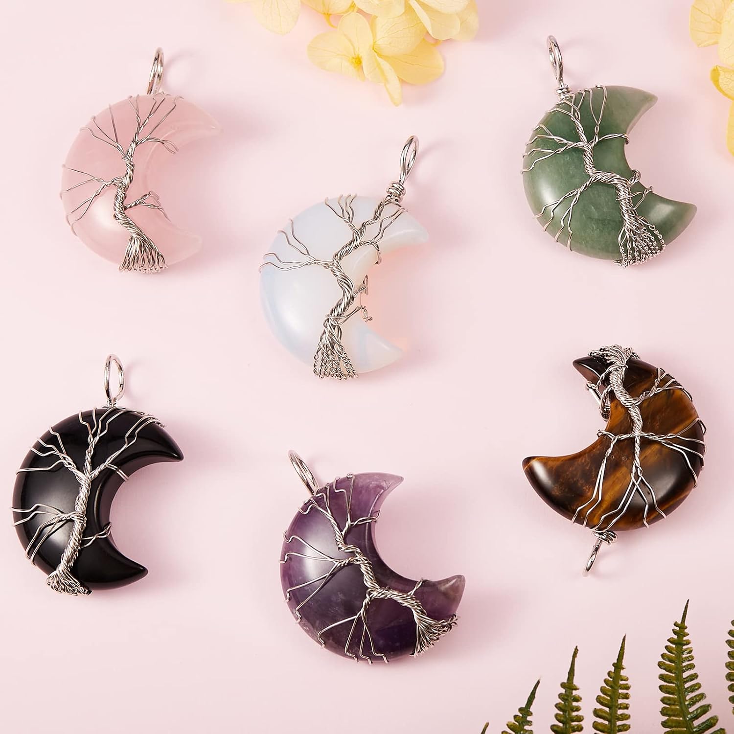 6 Pieces Tree of Life Crescent Moon Charms Healing Crystal Wire Wrapped Pendant for Jewelry Necklace Making Crafts