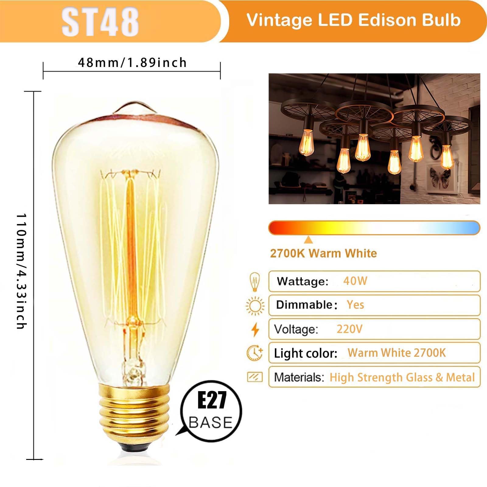JQslight E27 Vintage Edison Light Bulb ST48 Dimmable Filament Light Bulbs 40W,Warm White 2700K Decorative Light Bulb, Retro Amber Glass Screw Lamp ,Retro Light Edison Bulb,3 Pack - Image 2