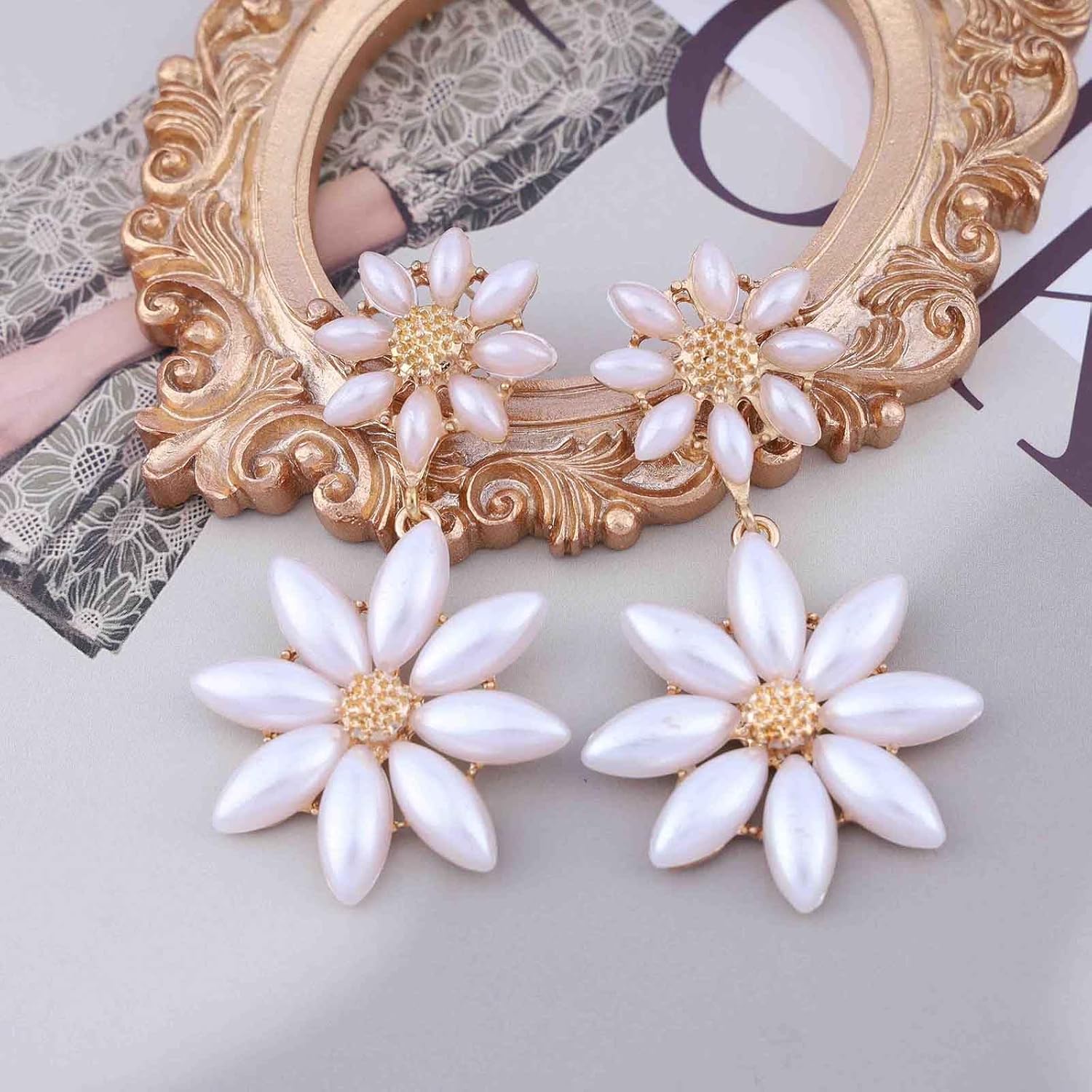 Vintage Flower Pearl Drop Earrings White Flower Dangle Earrings Large Flower Stud Earrings Pearl Wedding Flower Earrings Jewelry for Women - Image 7