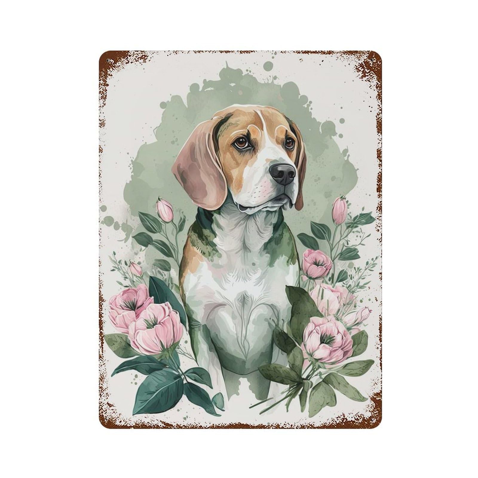 Beagle Floral Portrait Rusty Metal Tin Sign 15.7"x11.8", Farmhouse Wall Decor for Farmhouse, Kitchen And Entryway Decor