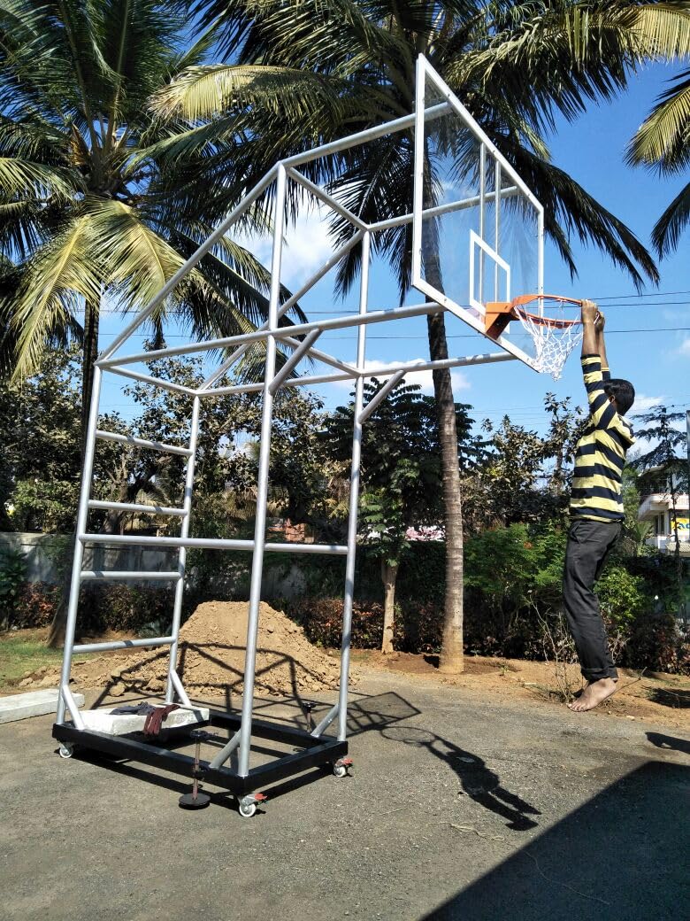 QUALITY SPORTS Basketball Movable Pole with Trolley Base β Heavy Duty MS Frame, 10ft Height, Acrylic Backboard 1.5m x 1.08m, Dunking Ring & Net, PP Wheels, Silver Finish