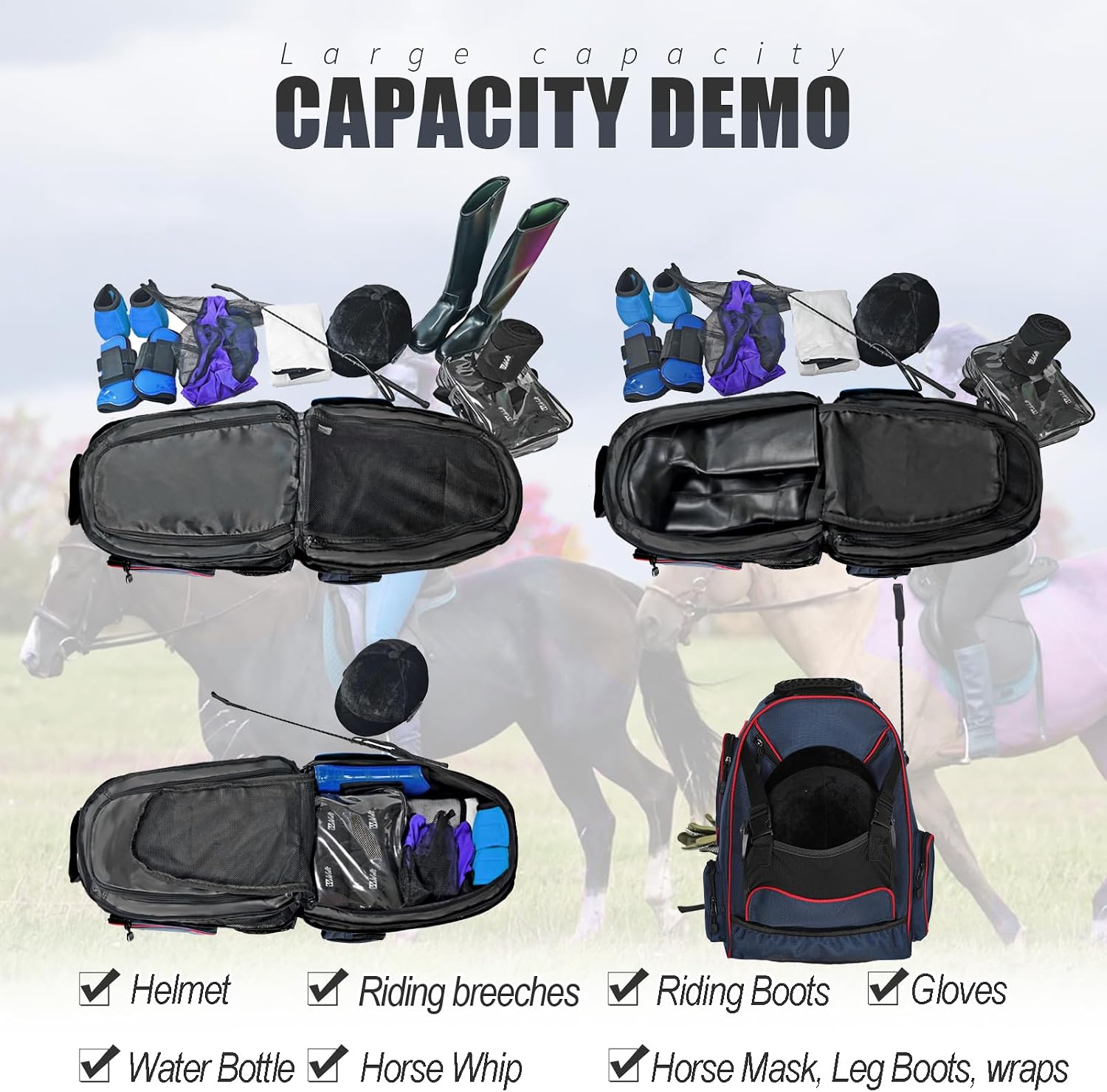 Goloni Large capacity equestrian horse riding gear horseback riding bag grooming tote bag equestrian backpack image 5