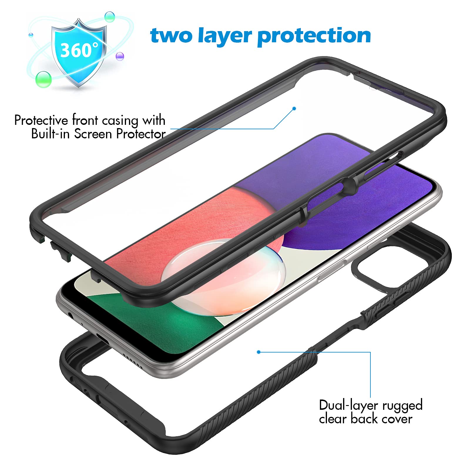 CENHUFO Cover Samsung A22 5G, Custodia Samsung A22 5G Antiurto 360 Gradi con Protezione Schermo Integrata Rugged Trasparente Case Doppia Faccia Fronte Retro Cover per Samsung Galaxy A22 5G - Nero