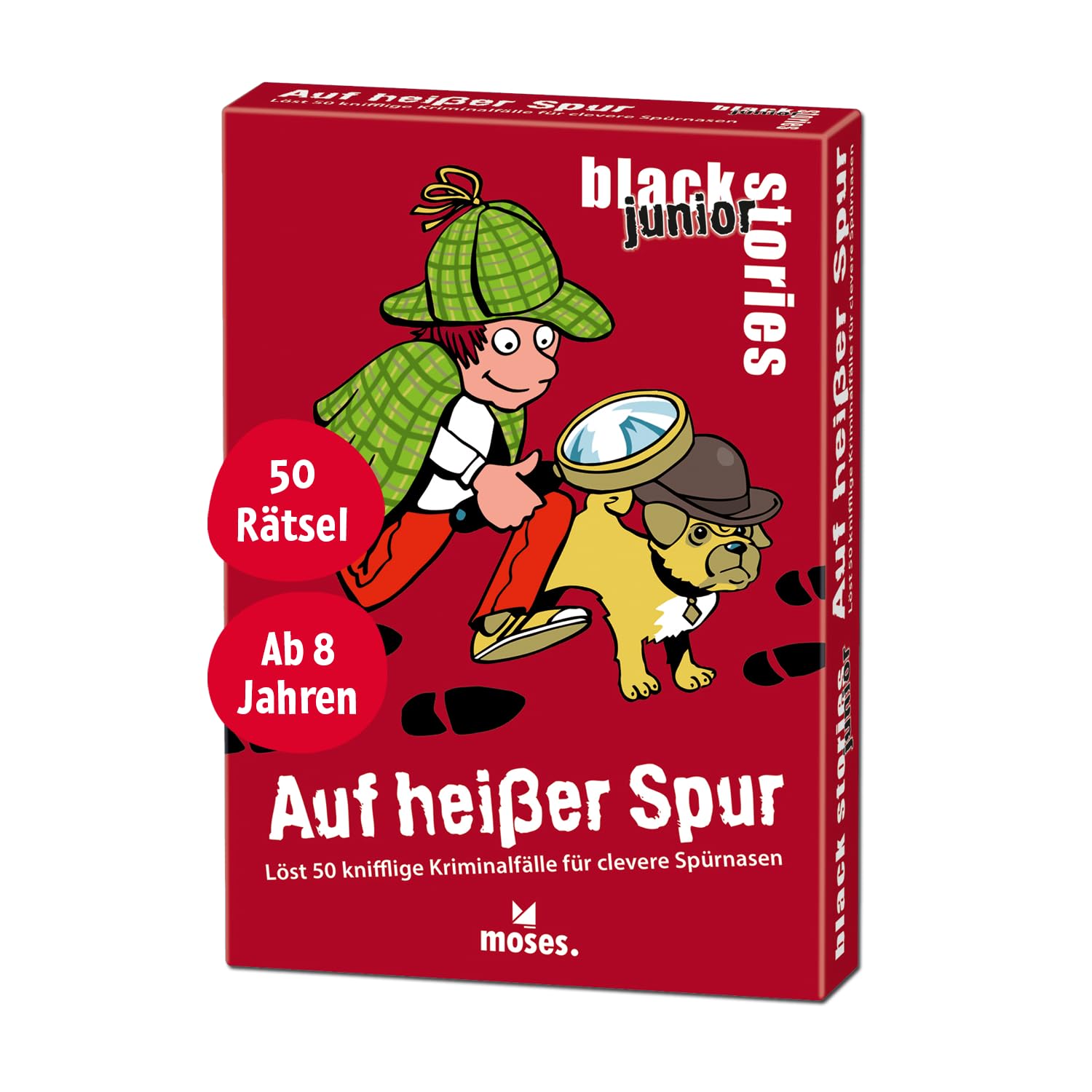 Moses. Black Stories junior Auf heißer Spur - 50 Rätsel mit kniffligen Kriminalfällen für kleine Detektive, Rätsel Kartenspiel mit Spielvariante und Punktechips, Rätselspiel für Kinder ab 8 Jahren