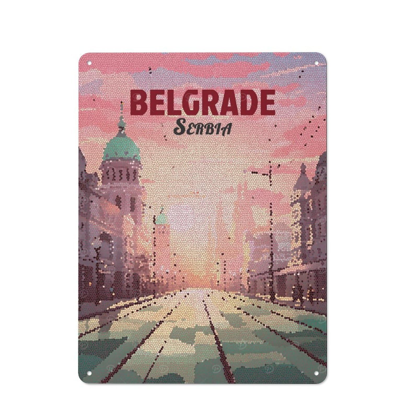 Junmoney Style-1 Metal Plaque 40X30cm With Belgrade, Serbia Mosaic Cityscape For Pub Or Café, Vintage Decor, For Metal Sign Collectors, For Vintage Wall Decor Fans