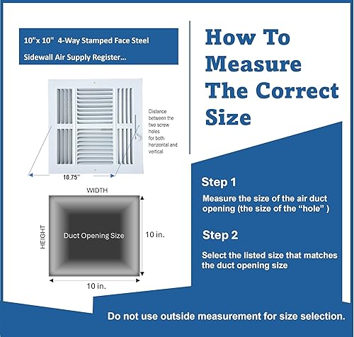 Miniatura 4 de Registro de suministro de aire para techopared lateral de acero con cara estampada de 4 vías, 10 x 10 pulgadas, cubierta de ventilación, dimensión