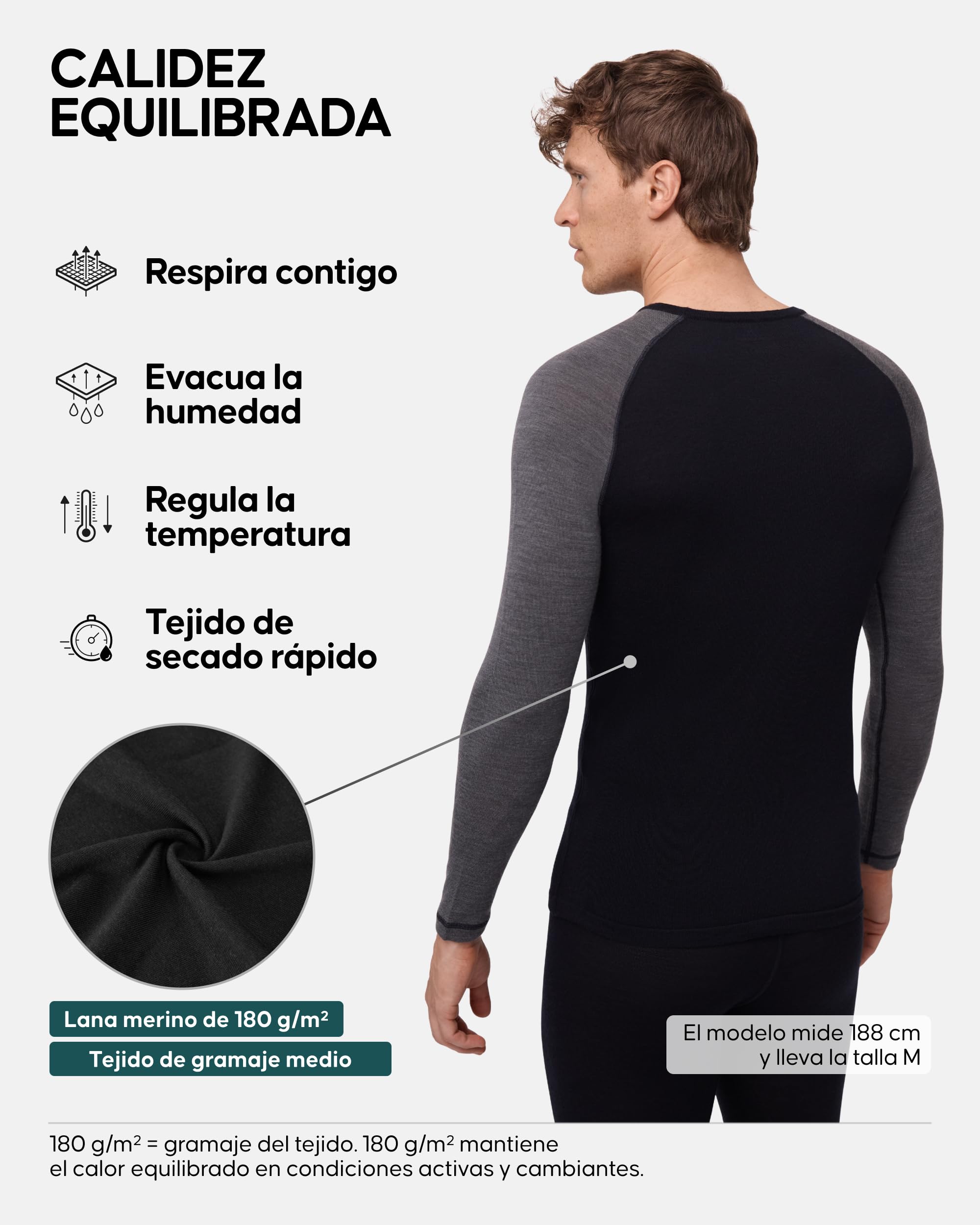 DANISH ENDURANCE Camiseta Térmica Lana Merino Hombre Negro/Dark Gris XL | Camiseta Térmica de Lana Merino 180g/m², Cálida y Transpirable con Ajuste Ergonómico, para Senderismo, Esquí y Uso en Casa