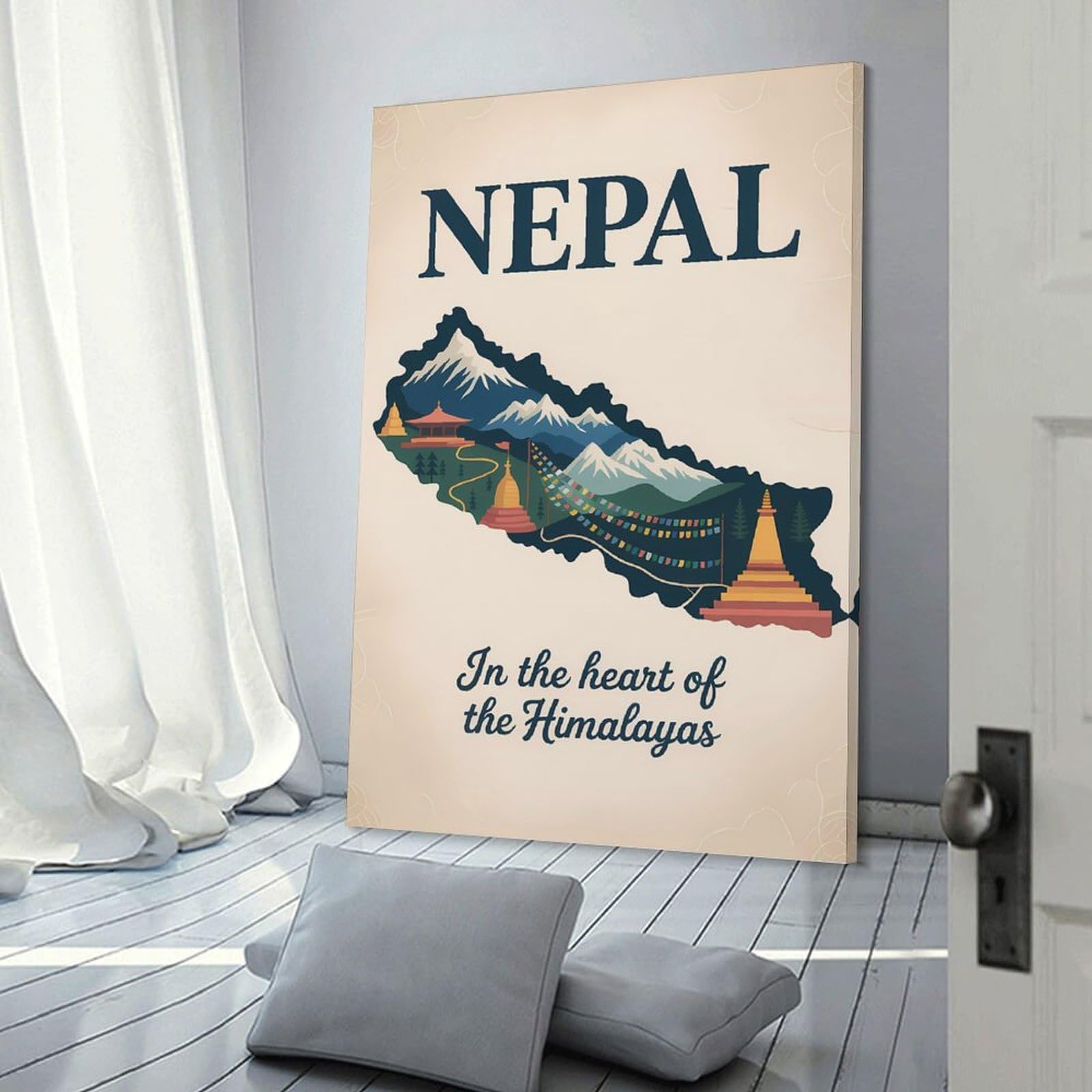 Junmoney Nepal Map Travel Home Decor Wall Art, 24x36inch(60x90cm), for Living Room, Bedroom Or Apartment Walls, Canvas Styling for A Polished Room Look