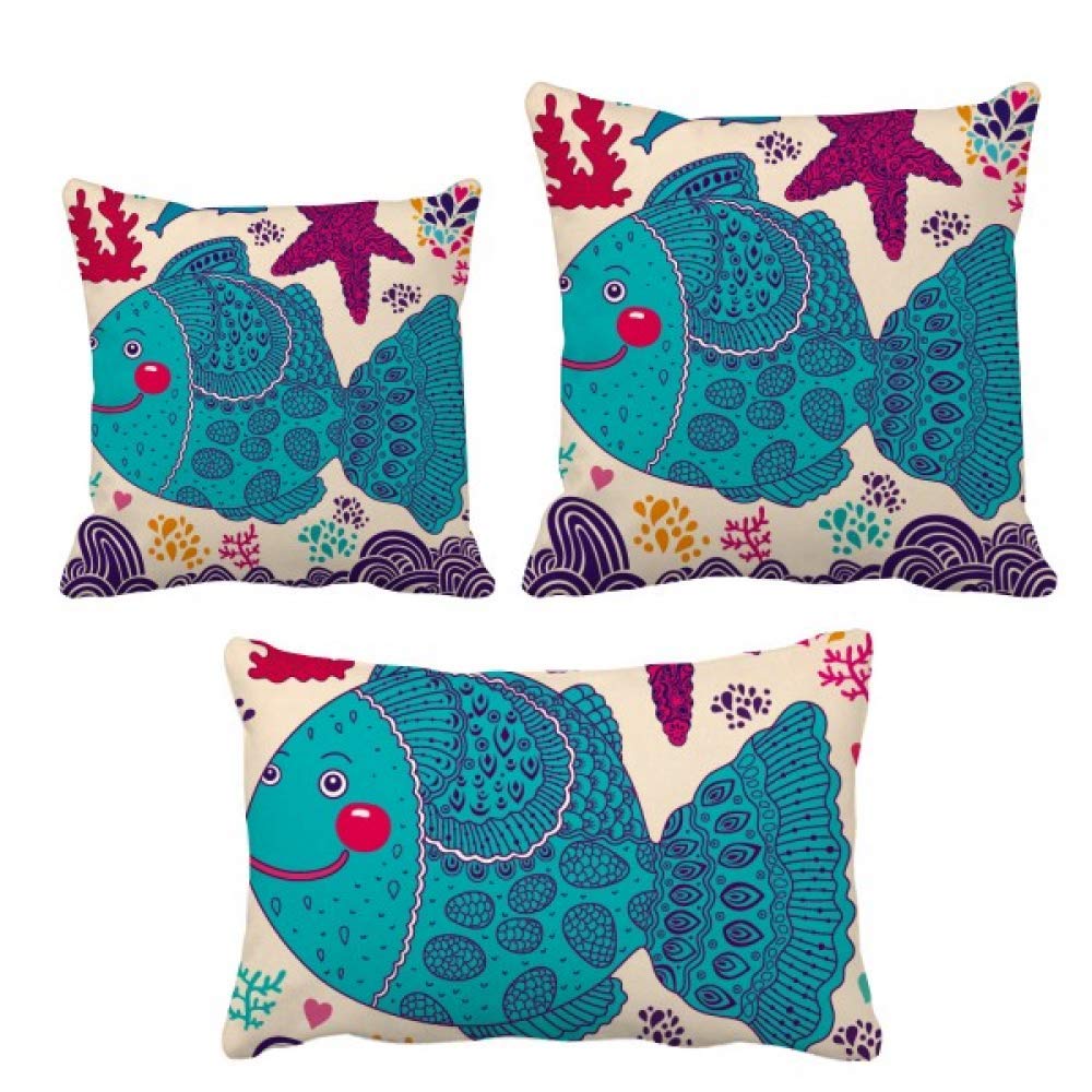 Coussin dessin animé poissons de mer aux lignes épurées corail
