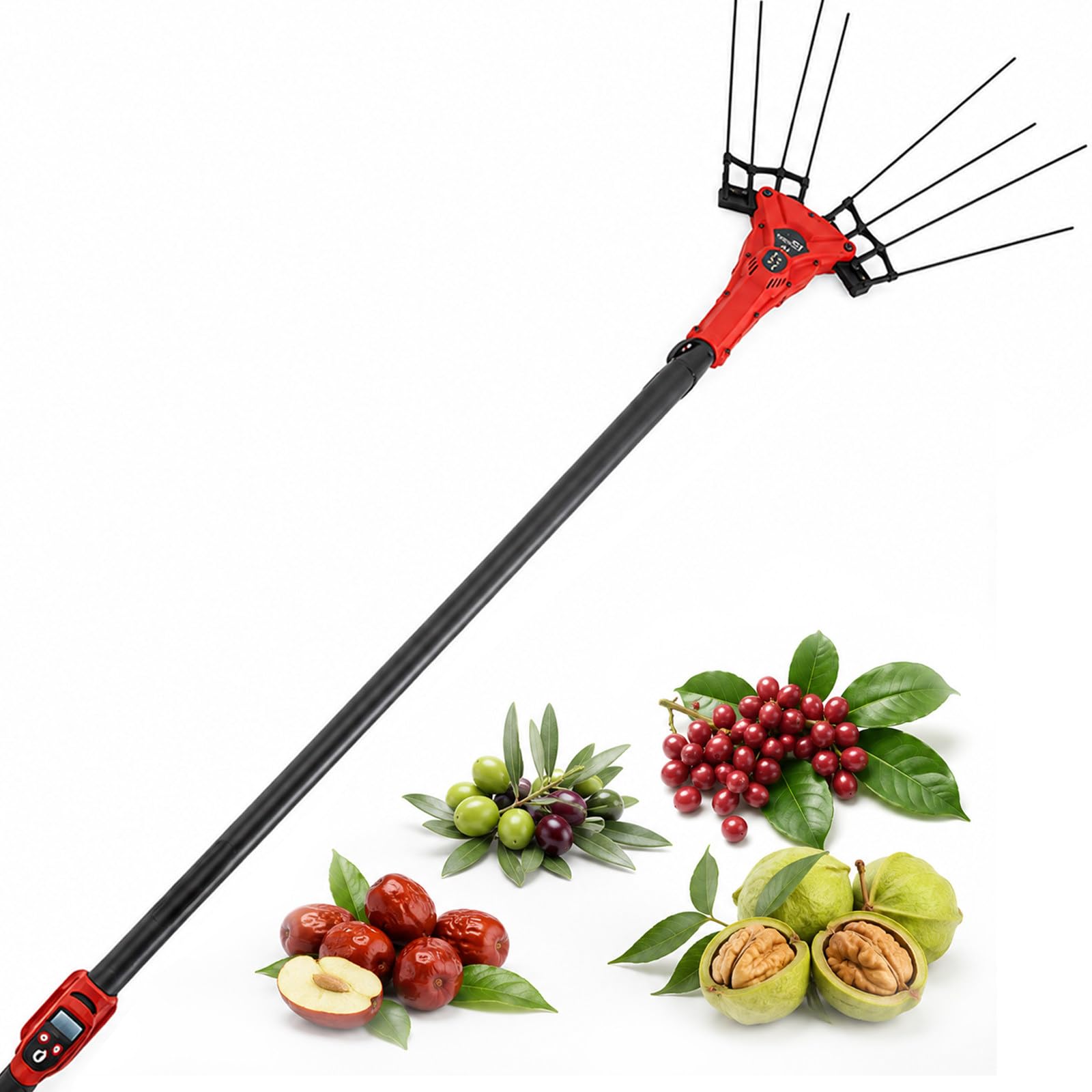 Vareador De Aceitunas Máquina, Recogedor De Fruta Eléctrico con Pértiga Telescópica, Motor Sin Escobillas, 6 Velocidades, Pantalla LED Y Cable 10m para Aceitunas, Café 250W-ToolOnly