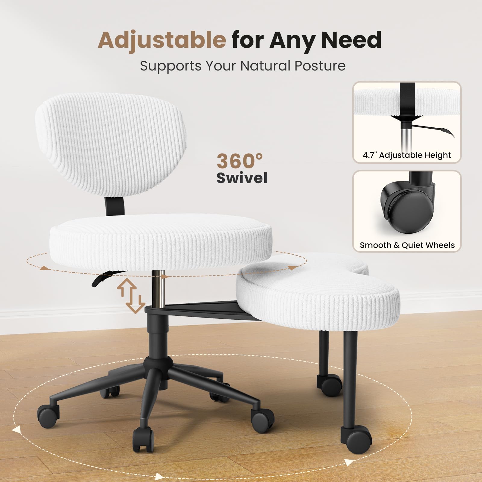 HOMRELEXA Bürostuhl mit Kreuzbeinen, 360° drehbar, Ergonomischer Kniestuhl, Criss Cross Schreibtischstuhl mit Verstellbarer Höhe, ADHS-Meditationsstuhl mit Rückenstütze, Cordstoff, Weiß
