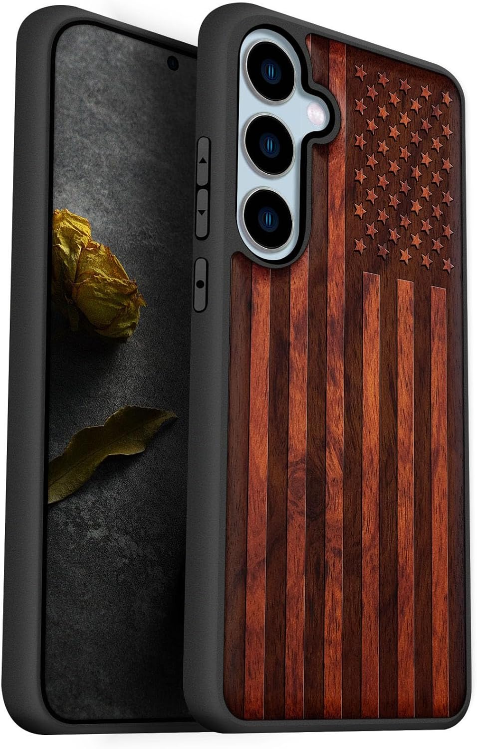 Carveit Wood Case for Galaxy S24 FE Case [Natural Wood & Black Soft TPU] Shockproof Protective Cover Unique Wooden Design Compatible with S24 FE (The Guiding Vegvisir-Rosy)