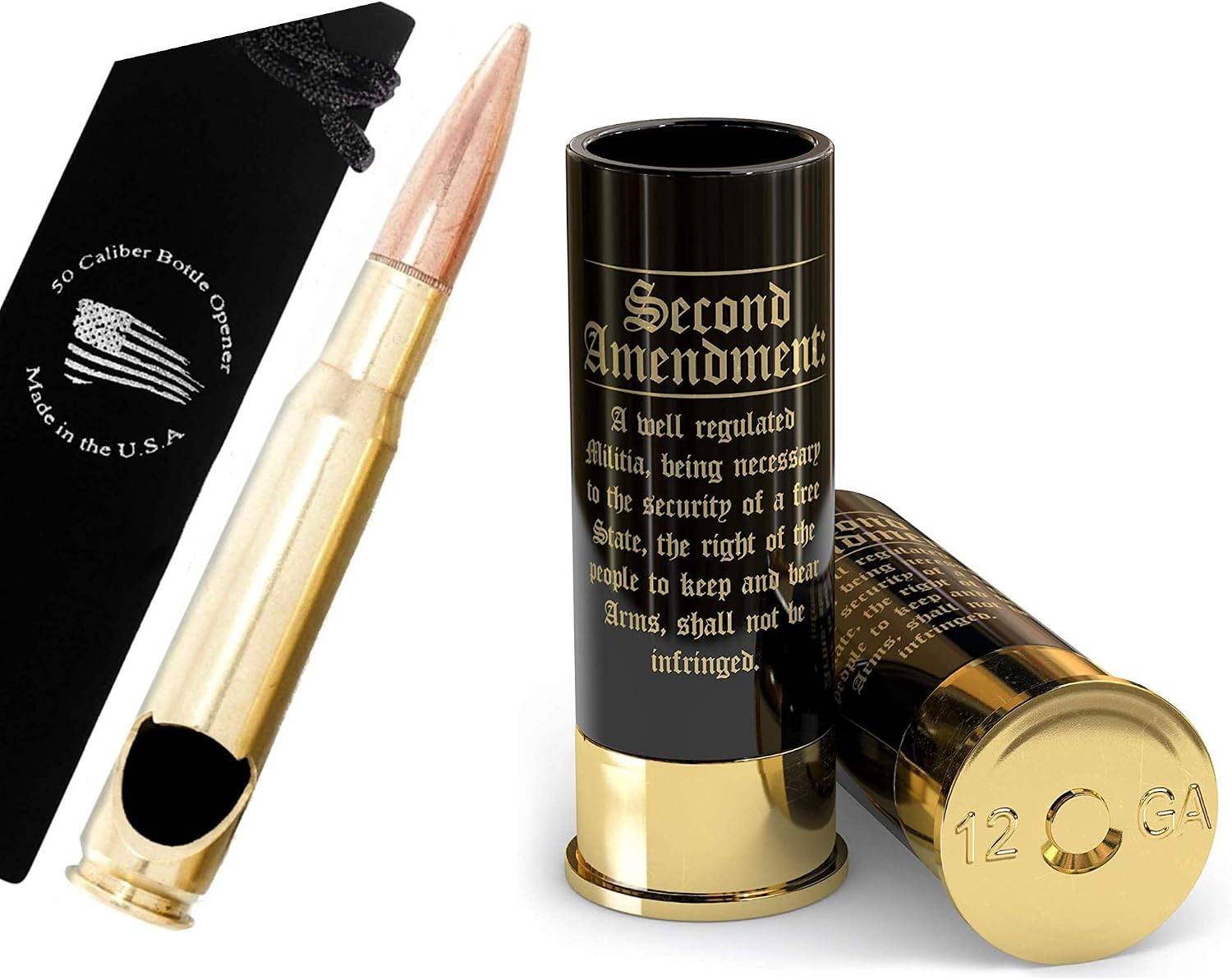 Old Southern Brass 2nd Amendment 12 Gauge Shot Glasses & Real Bullet 50 Cal Bottle Opener