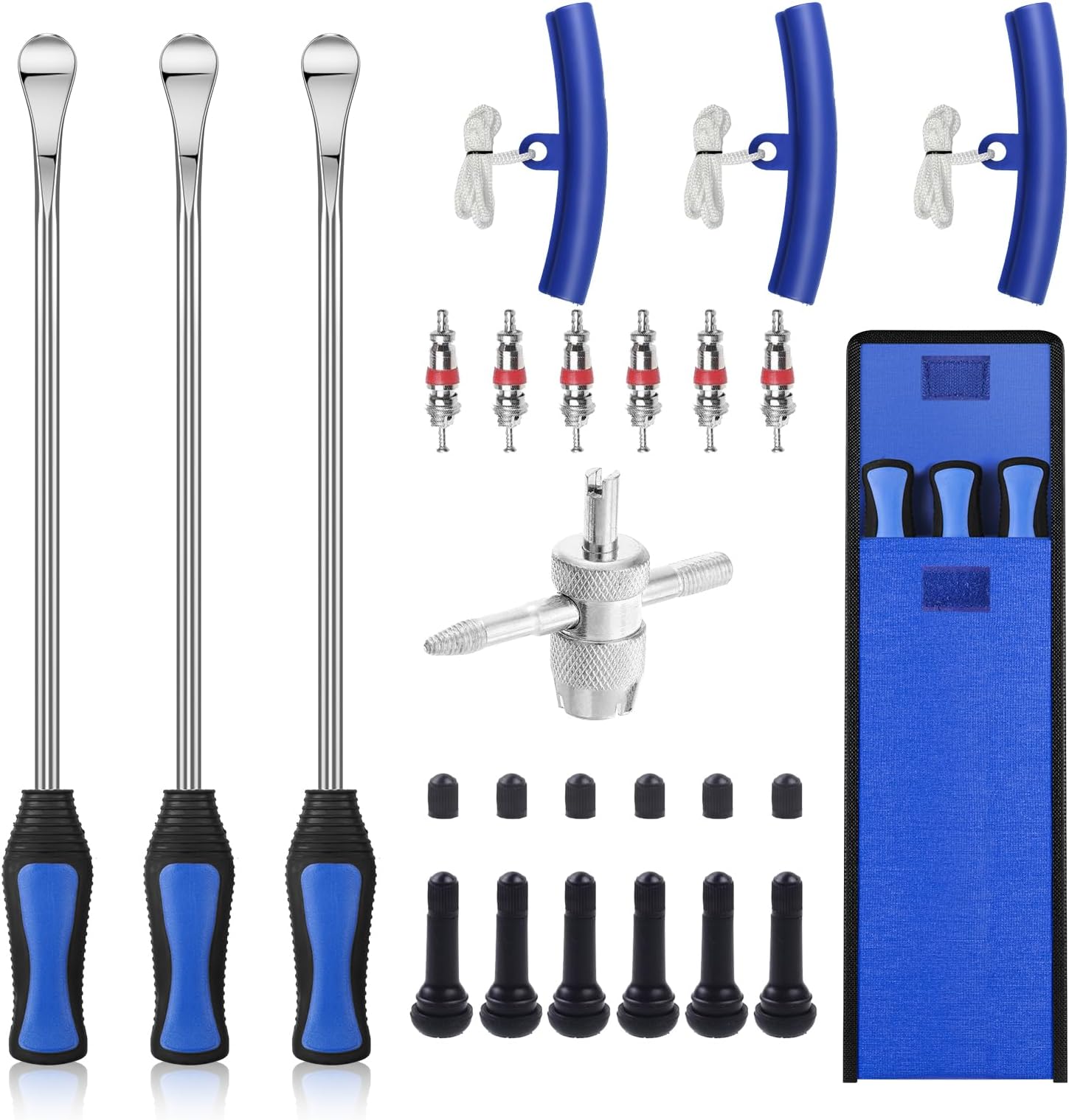 14.5" Tire Spoon Kit, 26pcs Tire Changing Tool for Motorcycle Dirt Bike Lawn Tractor Bicycle, Motorcycle Tire Changer Tire Removal Tool with 3pcs Rim Covers 6pcs Valve Tool Valve Cores (Blue)