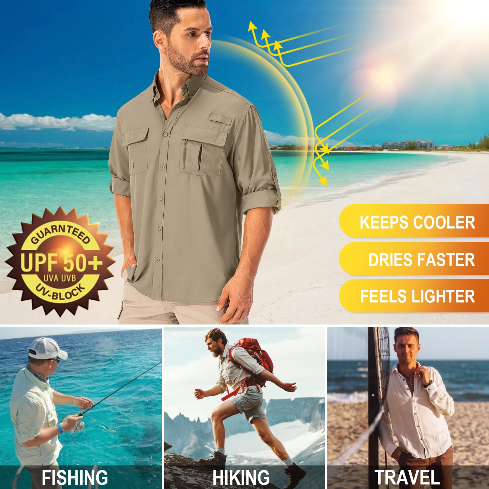 Asfixiado Camicia da uomo Safari UPF50+, a maniche lunghe, traspirante, ad asciugatura rapida, funzionale, per il tempo libero