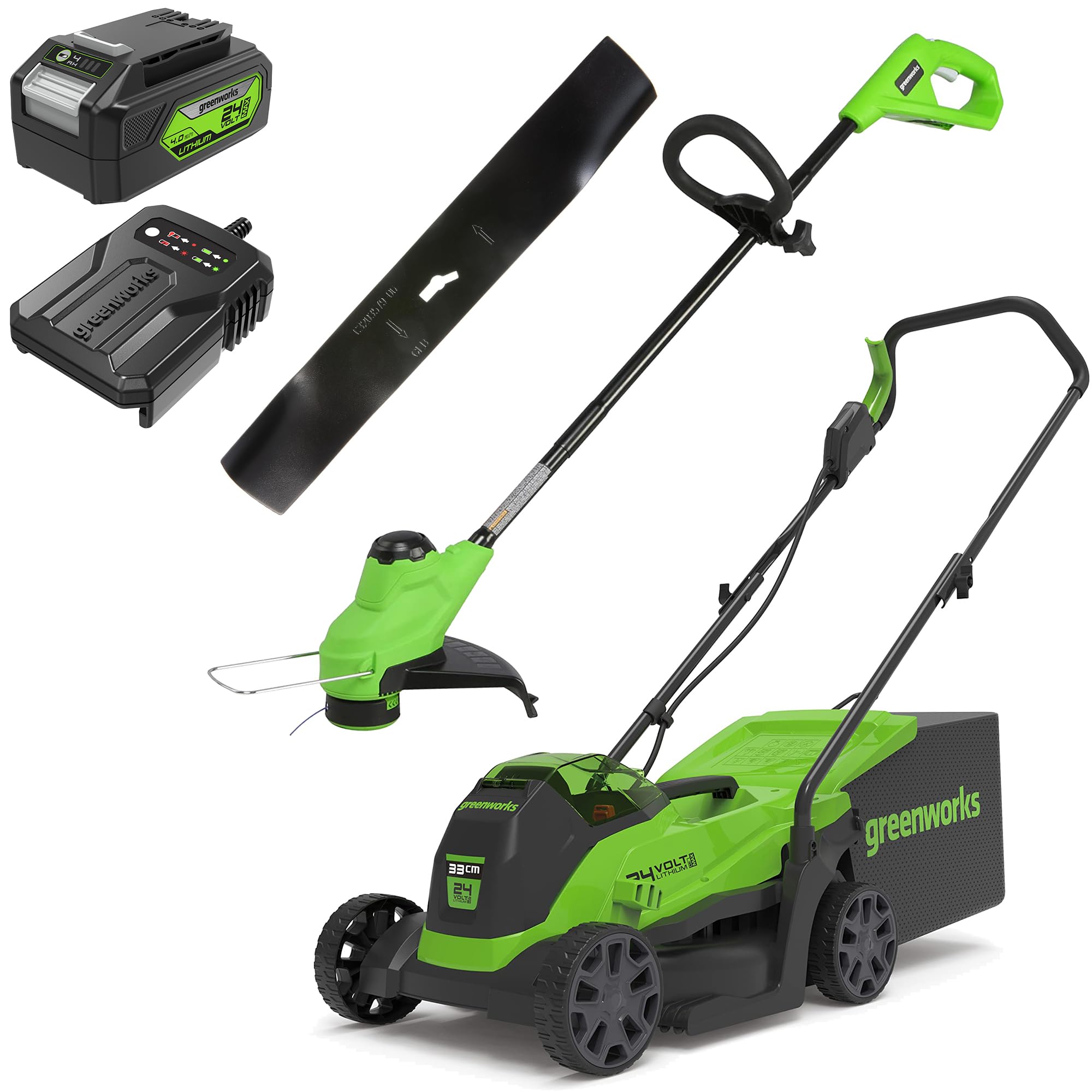 Tondeuse à gazon 24V Greenworks pour entretenir facilement les petits jardins avec coupe-bordures