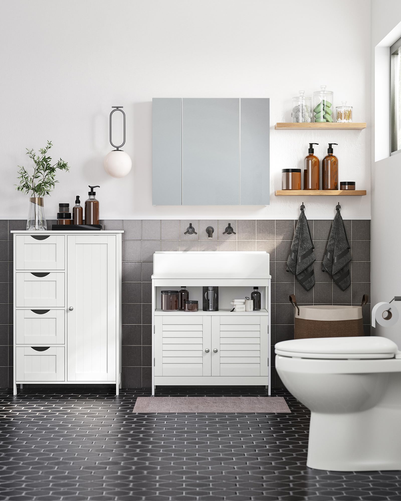 VASAGLE Mobile Sottolavabo per Bagno, Mobiletto da Bagno, 2 Ante a Persiana, Capiente, Design Moderno, 30 x 60 x 60 cm, Bianco BBC02WT