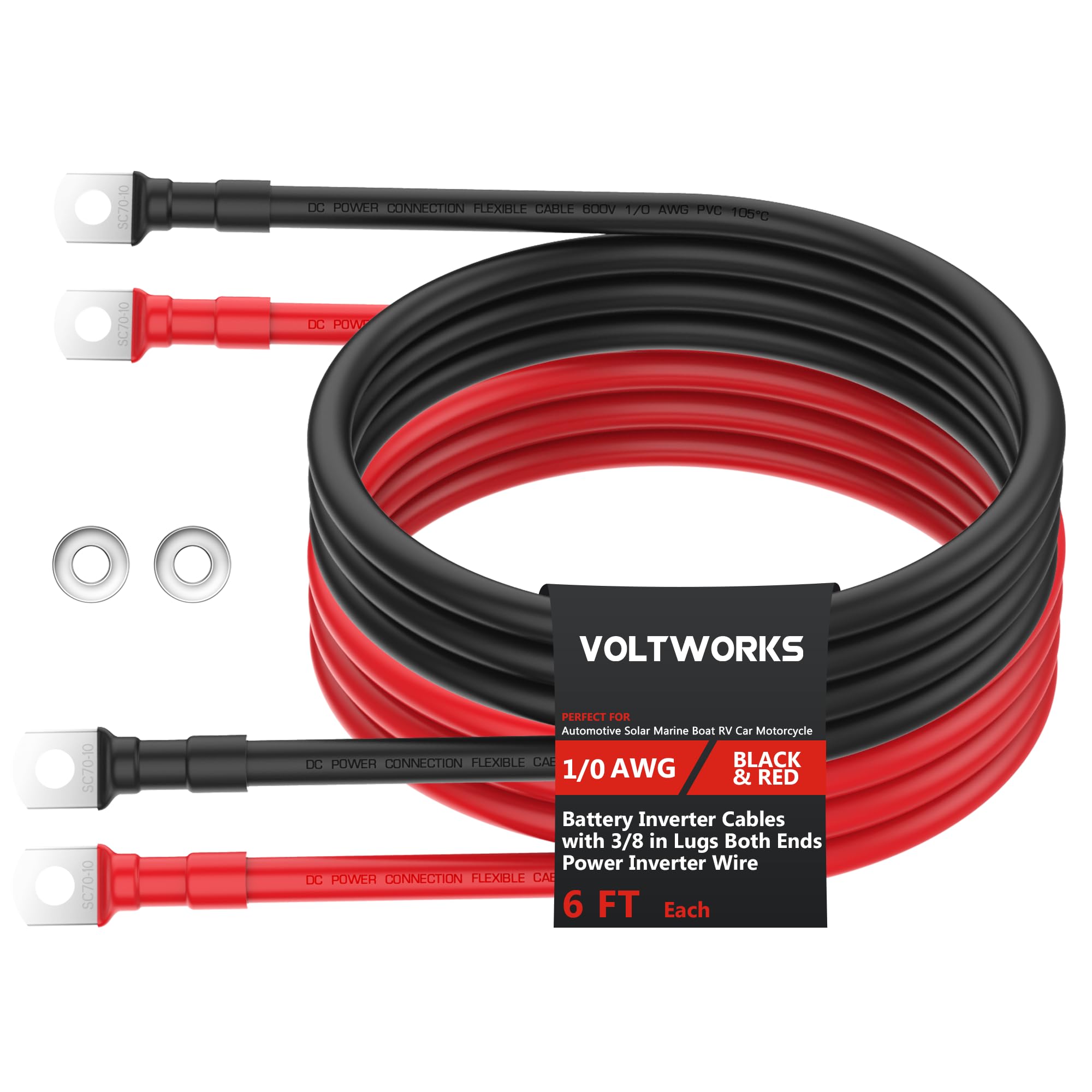 VOLTWORKS 1/0 AWG Gauge Red + Black Pure Copper Battery Inverter Cables Solar, RV, Car, Boat 6ft 3/8 in Lugs