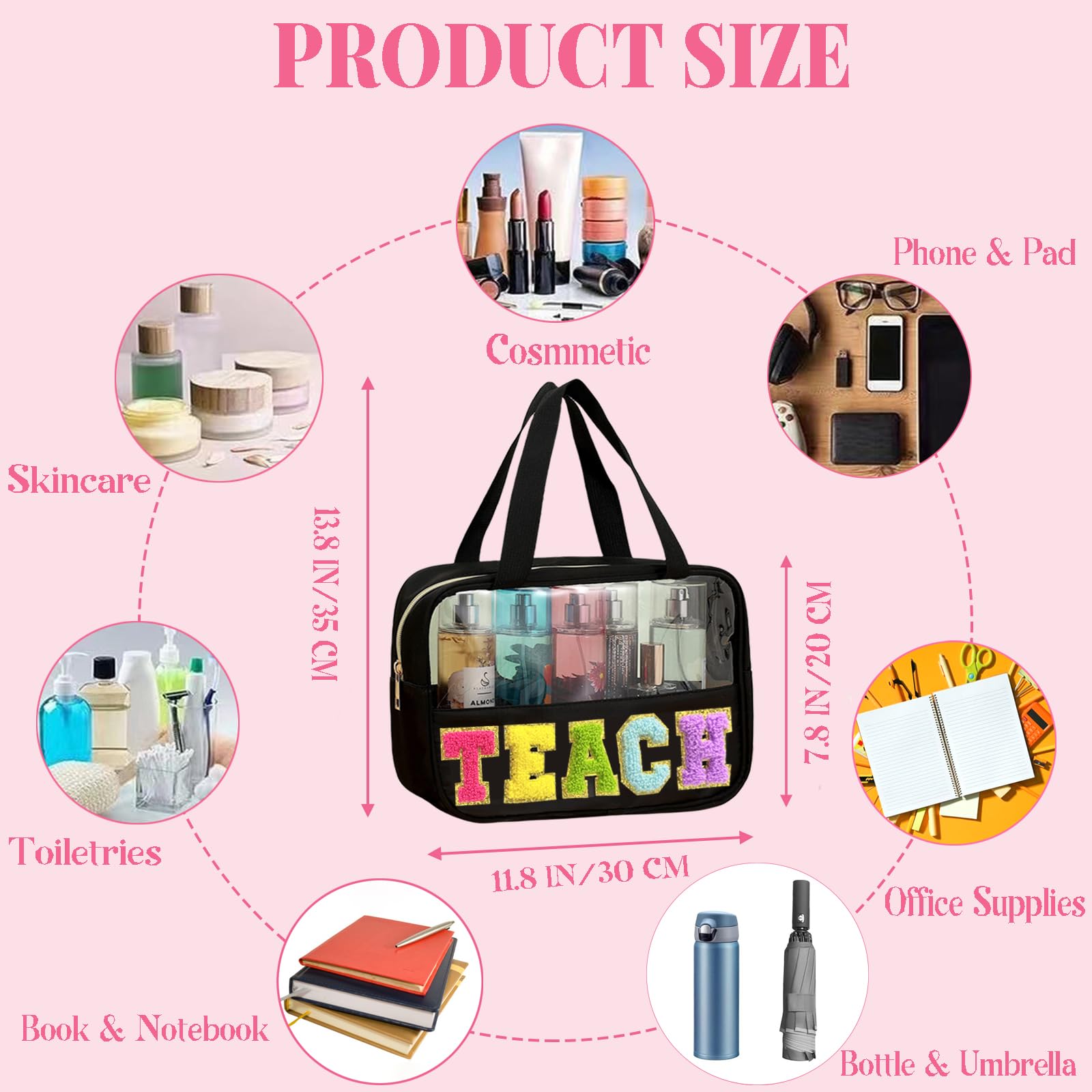 Kovewon Teacher Appreciation Gifts, Chenille Letter Teacher Tote Bag with Handle and Zipper, Waterproof Nylon Portable Makeup Toiletry Bag