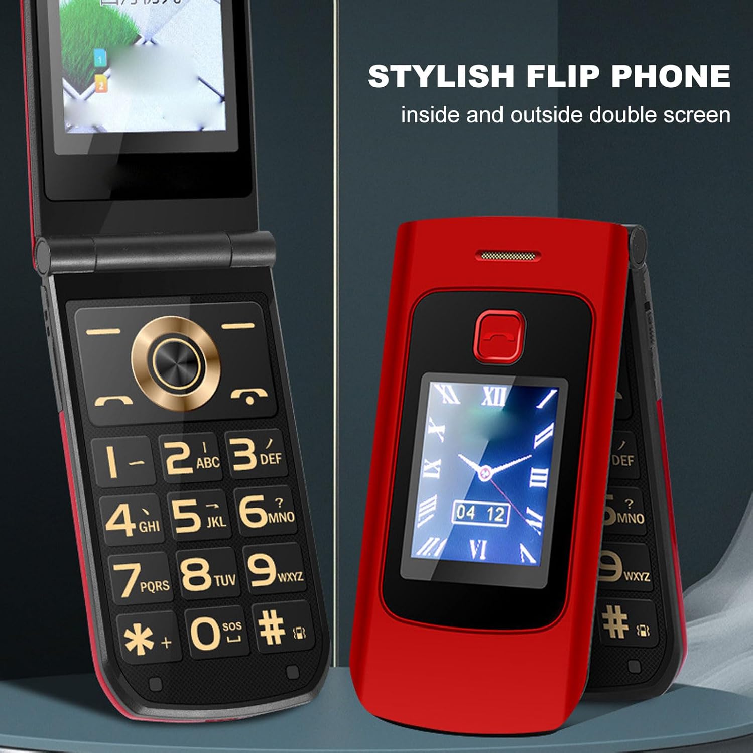 Red and black YEEMI K21+ flip phones, one open showing the main screen, and one closed showing the external screen