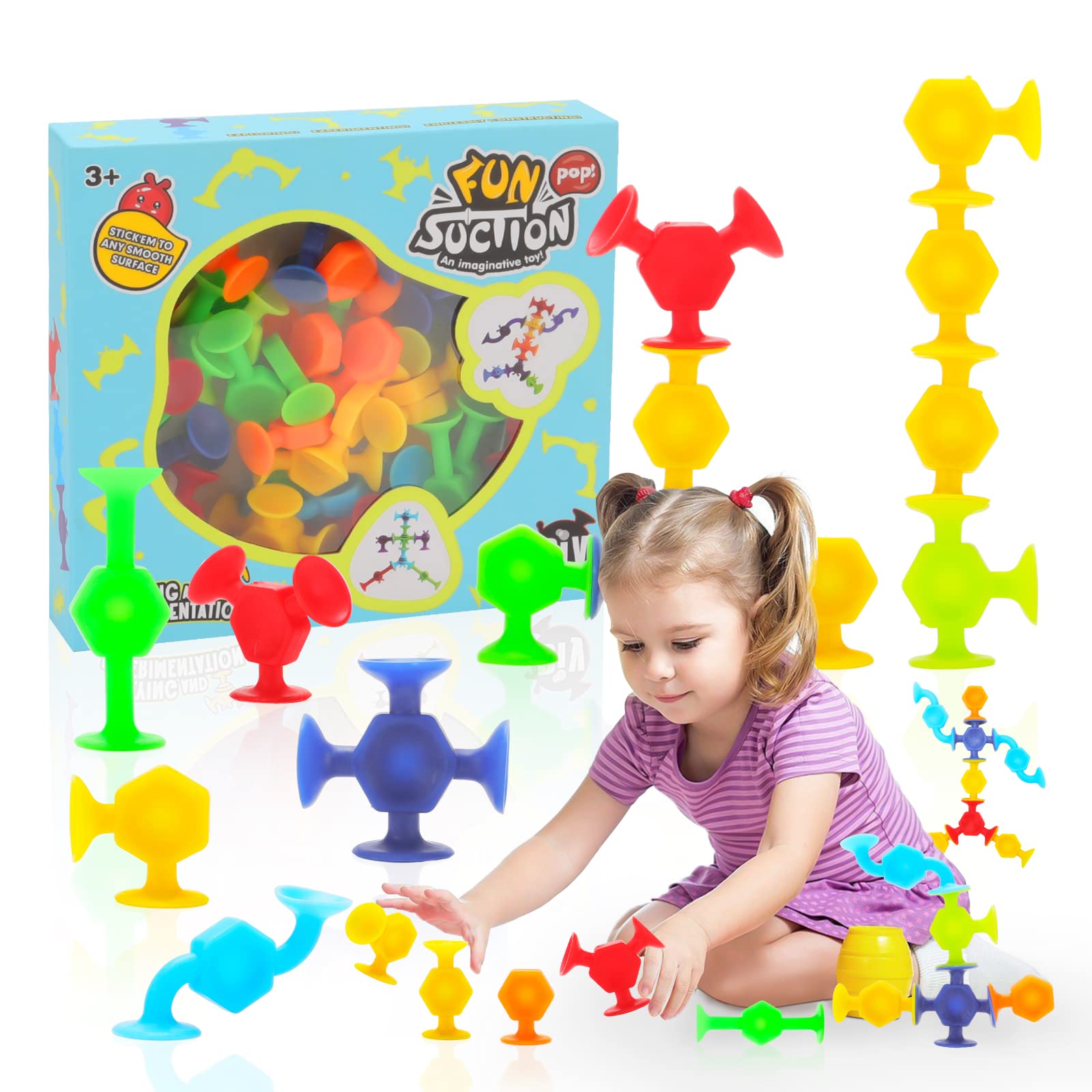 AIERRSON Suction Toys Kids Bath Toys 48Pcs Slicone Sucker Toys for Kids Sensory Toys for 3 4 5 6 7 8 9Year Old Boys Girls,Toddler Montessori toys,Building Toys for Stress Release and Travel