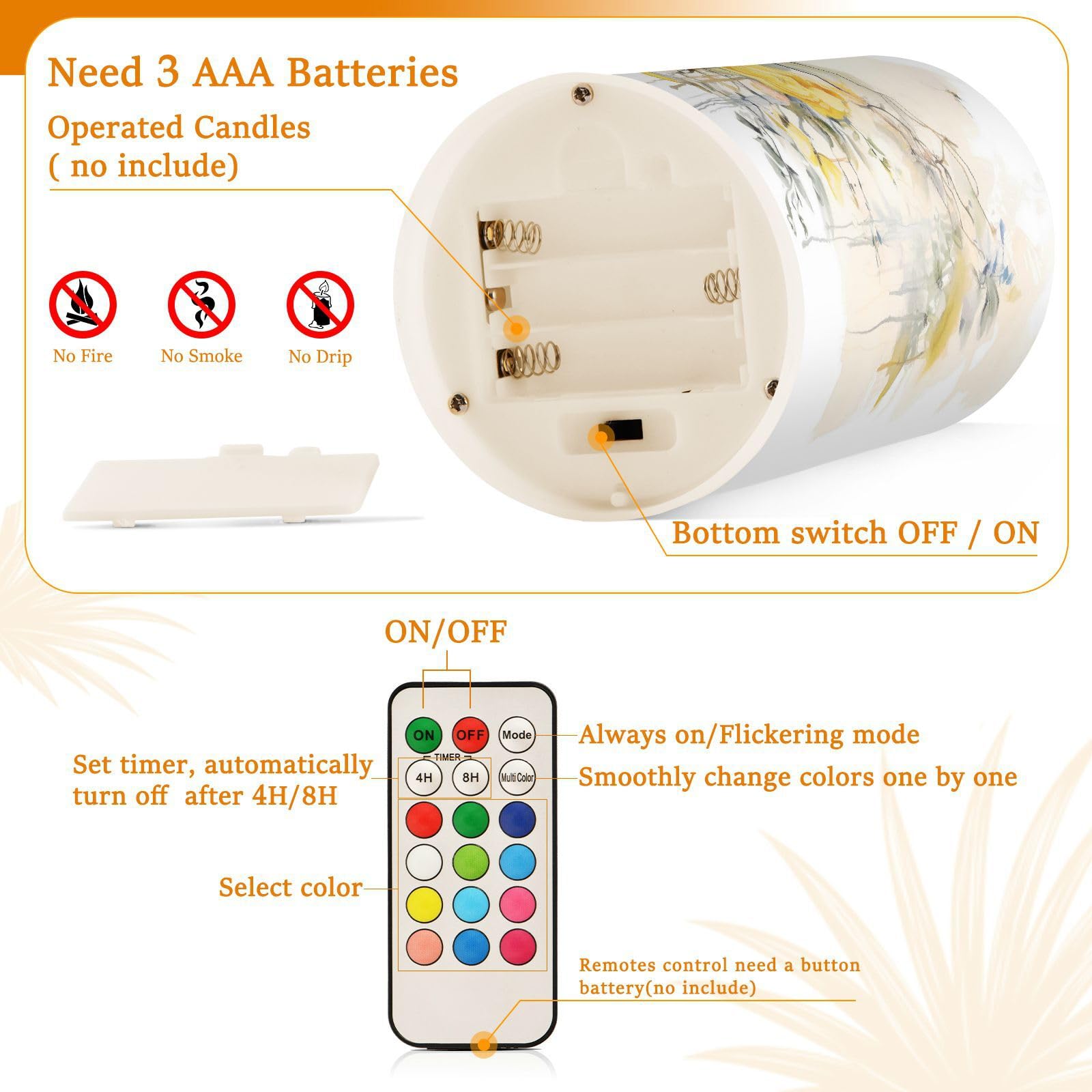 Set di 2 candele votive a pilastro a LED, a forma di uccellino blu primaverile con fiori gialli, senza fiamma, funzionamento a batteria, con timer remoto, per interni ed esterni