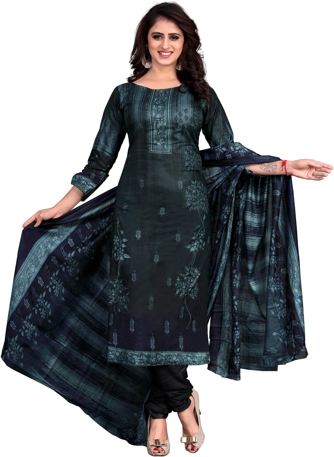 Satrani ಮಹಿಳೆಯರ ಹತ್ತಿಯ ಮುದ್ರಿತ ಹೊಲಿಯದ ಡ್ರೆಸ್ ಮೆಟೀರಿಯಲ್ - ಪಟಿಯಾಲ ಫ್ರೀ ಗಾತ್ರ ನೀಲಿ