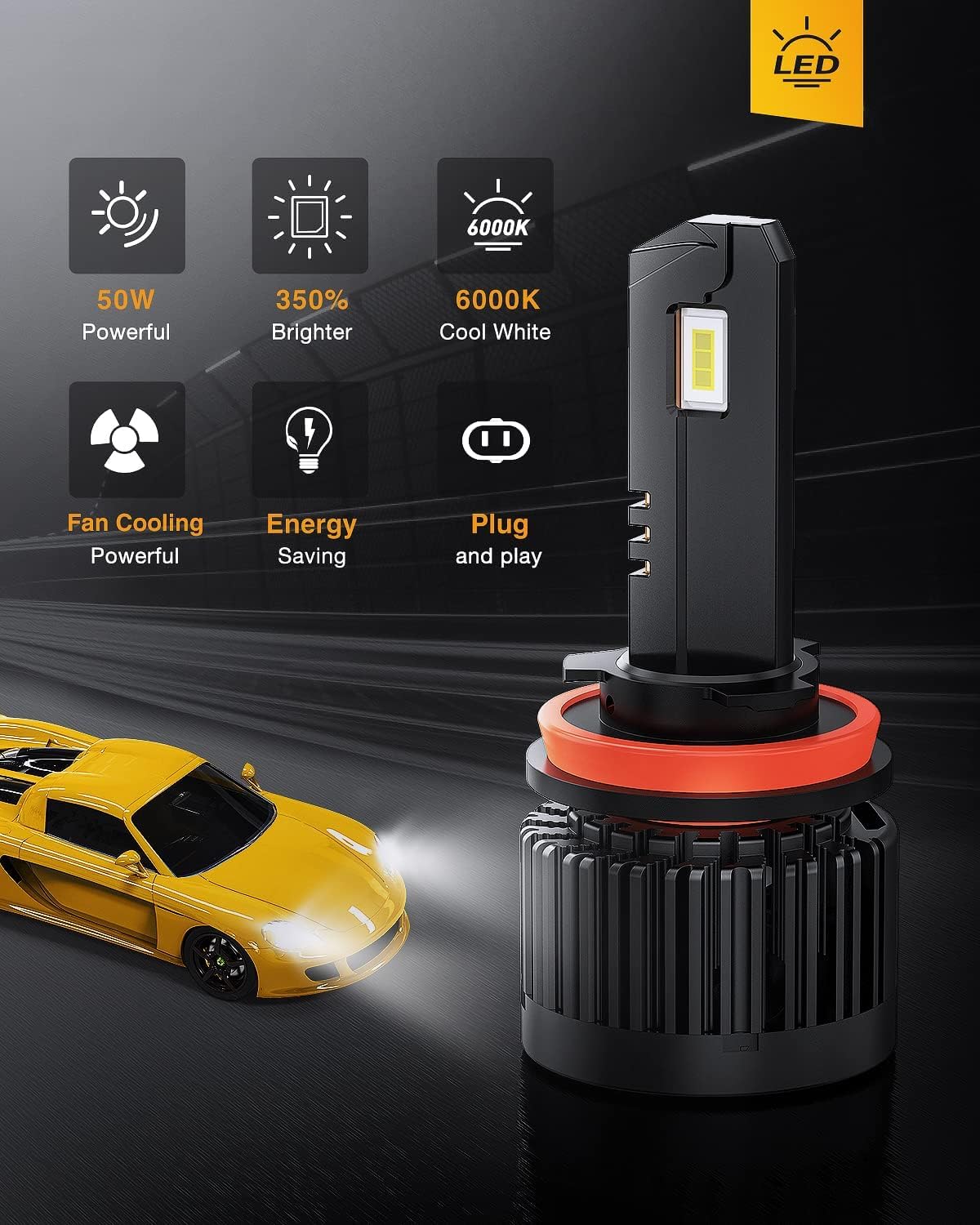 Frokom H11 Headlight Replacement Bulb, 500% Brighter, 6000K Cool White High Brightness Low Beam Bulbs, 2-Pack