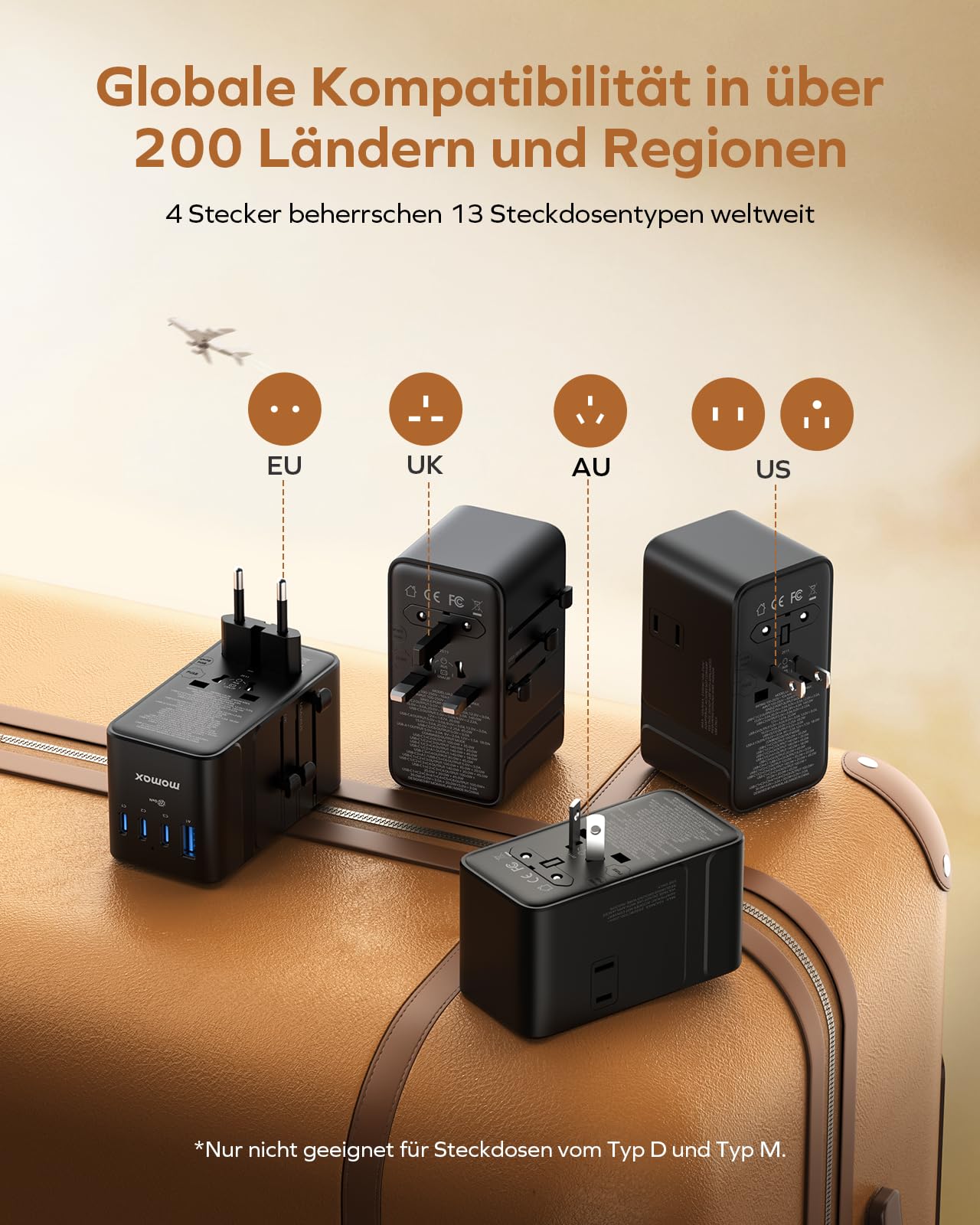 MOMAX Reiseadapter Weltweit 205W GaN Hochleistungs, Travel Adapter Worldwide mit 2 AC 6 USB C und 1 USB A, 9-in-1 Universal Adapter für EU UK USA Japan(Type C/A/G/I)