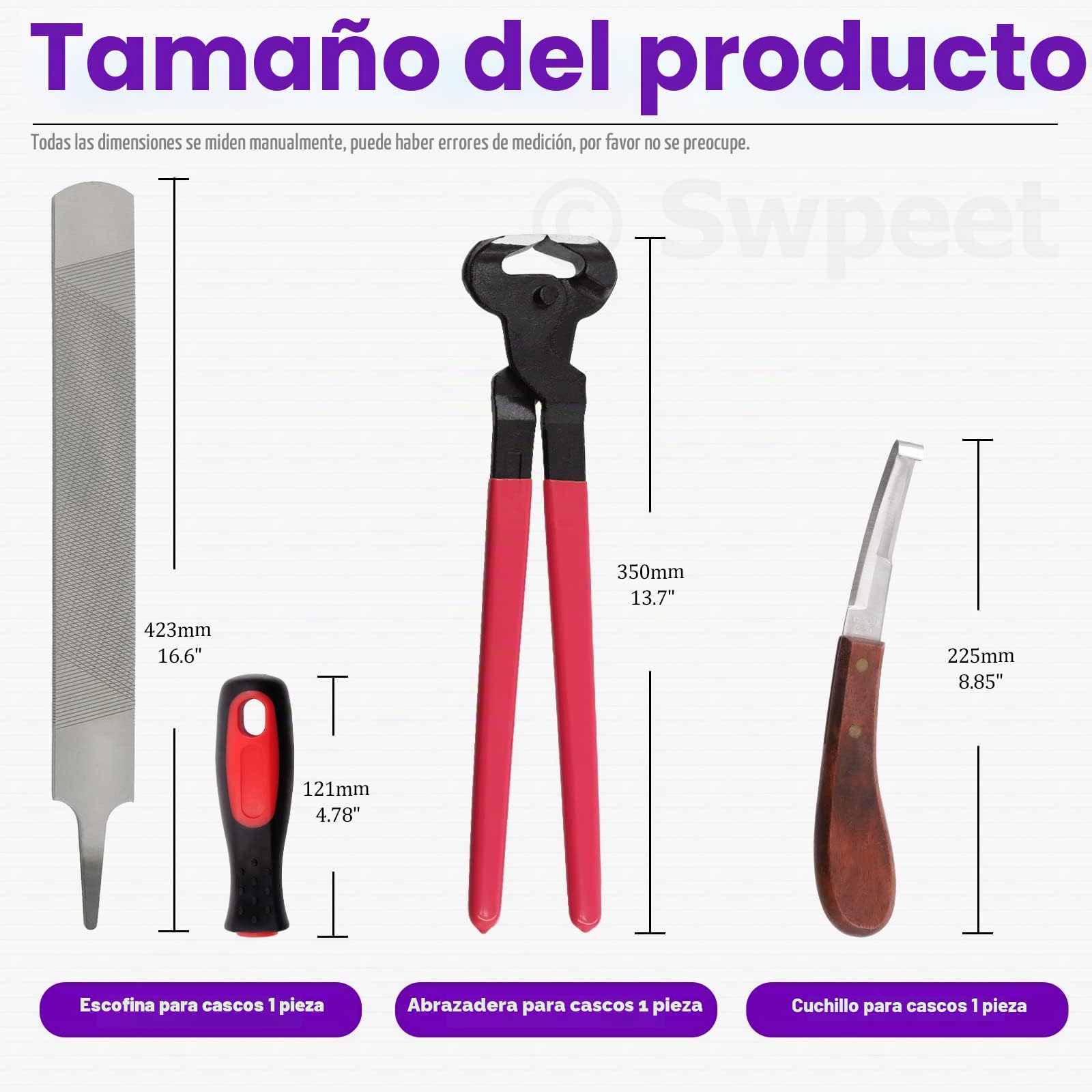 Swpeet 8 piezas de herramientas de herrador profesional con paquete de rollo, herramientas de tijeras de recortador de pezuña, cortador de pezuña, cepillo de herradura, cuchillo de pezuña