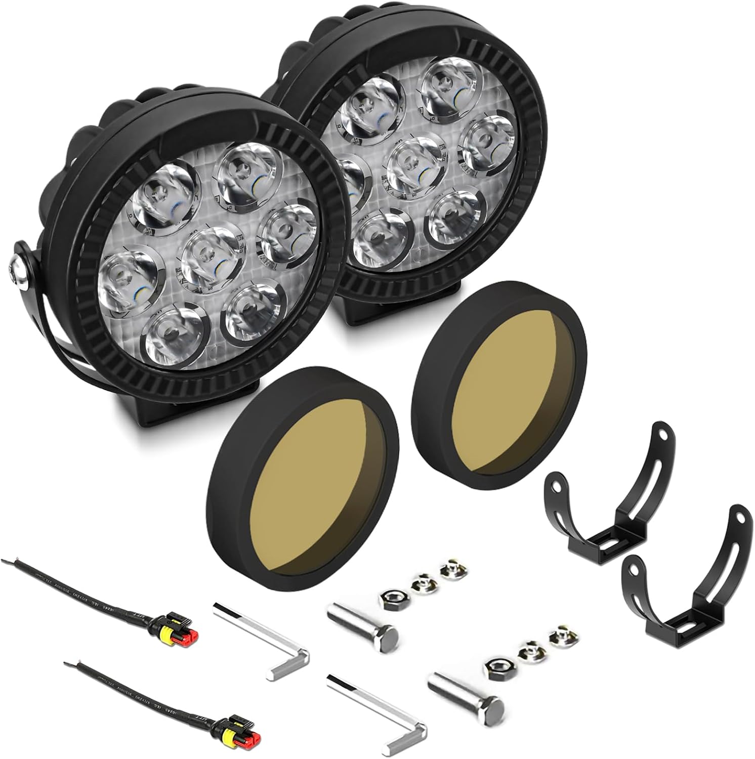 Keenso Round LED Work Light, 7 High Intensity Chips 6000LM Spot Beam with Yellow Covers 360 Degree Adjustable, for Off Road Truck Car Motorcycle SUV ATV Boat