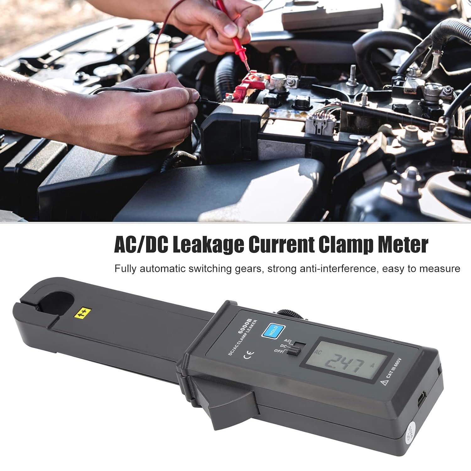 ETCR6000B Clamp Meter 0mA-60.0A AC DC Leakage Current, Clamp Leaker for Automobile DC Dark Current Measurement with ABS Material and USB Interface