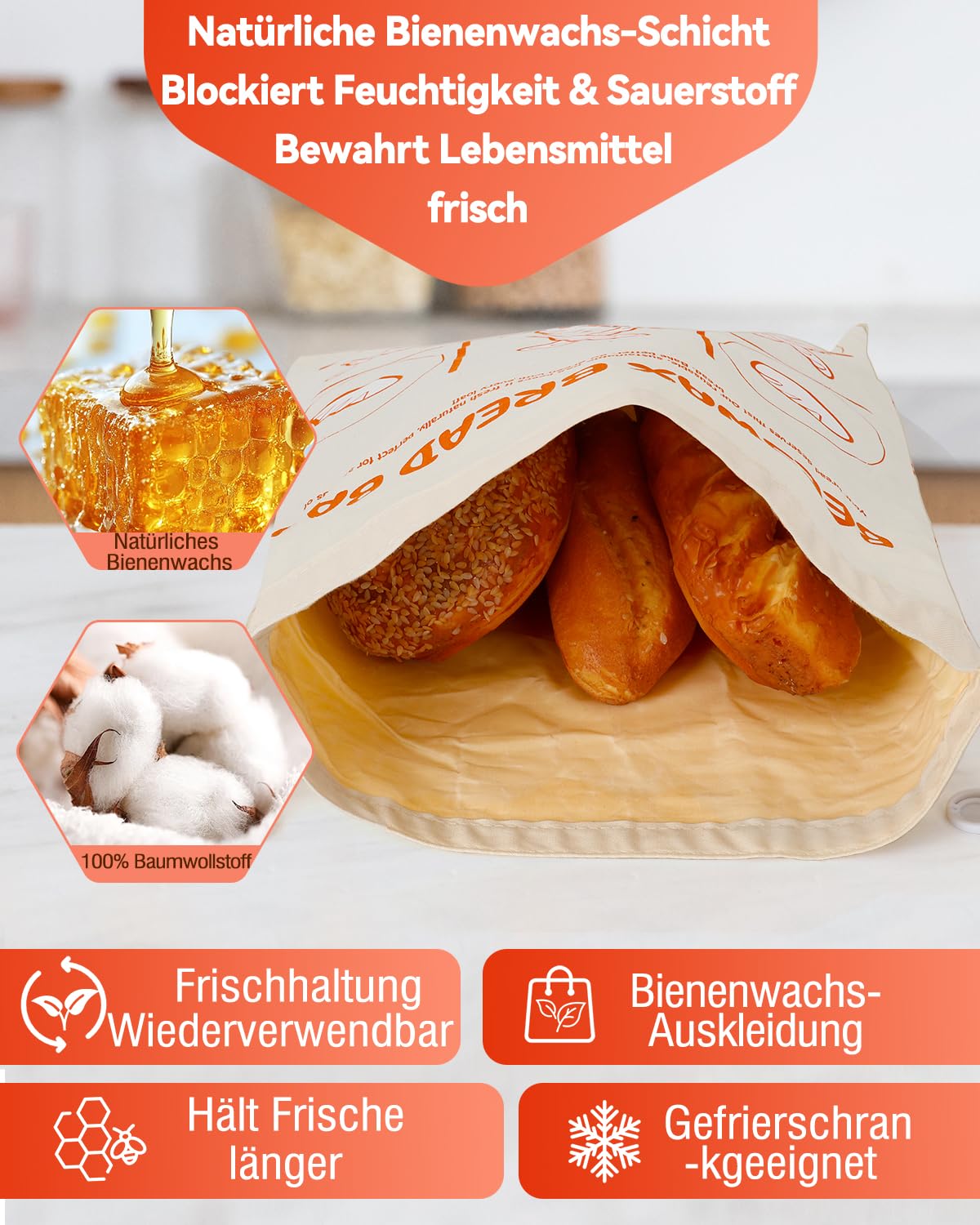 Bienenwachs Brotbeutel 2er Set - Wiederverwendbar & Plastikfrei 32x43cm