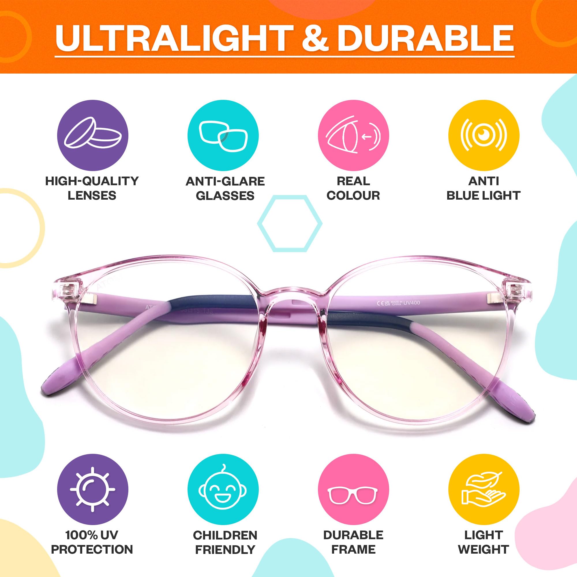 ATOM Gafas de bloqueo de luz azul para niños de 5 a 12 años | Gafas de montura para niños y niñas