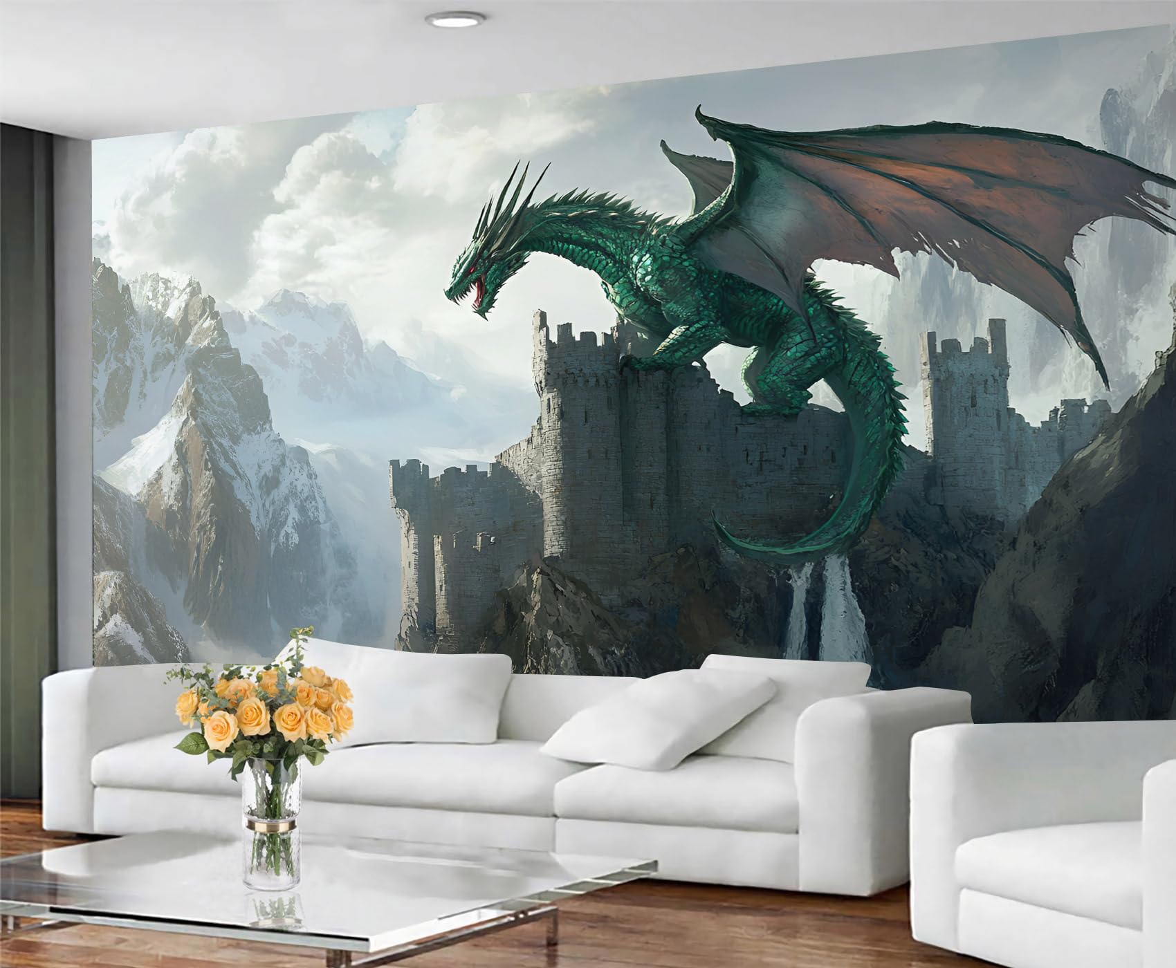 GIVLWF Green Dragon Wallpaper Mural - Fantasy Castle Bedroom Wallpaper - Snowy Mountain Wall Paper for Living Room Non Self Adhesive Mythical Murals & Home Decor