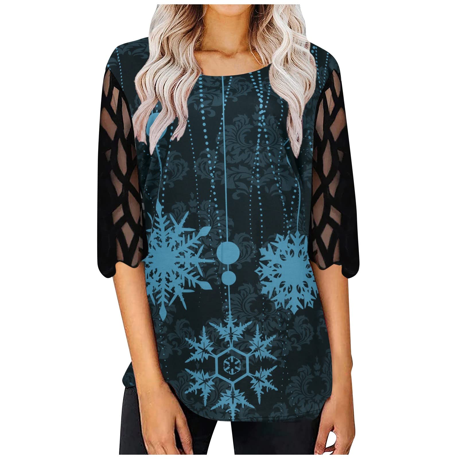 Polyester Snowflake Tunics Woman Summer Comfy Party Round Neck Tee Shirt Breathable Extra Long Half Sleeve Classy Tunic for Women