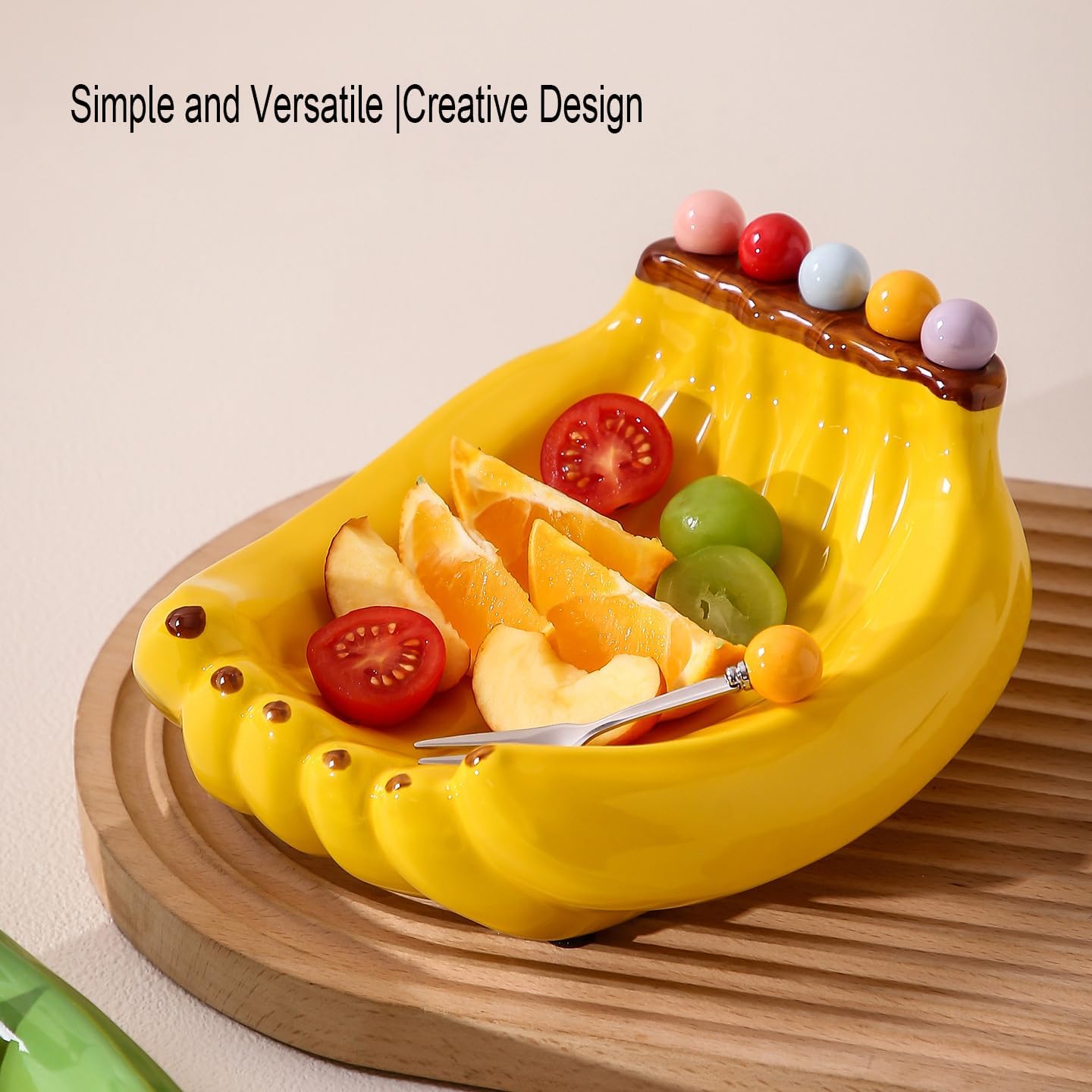 Ceramic Decorative Bowl,Banana-Shaped Fruit Bowl with 5 Stainless Steel Forks,Creative Ceramic Serving Dish for Fruits,Snacks,Salad & Desserts,Coffee Table & Wedding Centerpiece Decoration (Yellow)