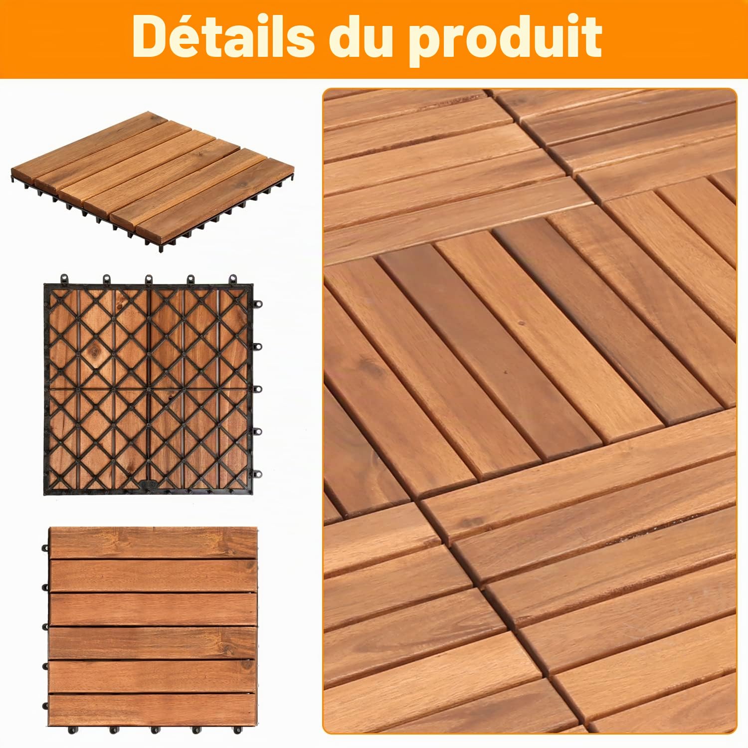 Lot de 11 dalles en bois d'acacia - 30 × 30 cm - 1 m² par carrelage de sol - Revêtement de sol extérieur et intérieur - Balcon avec système de drainage et système de clic - Marron