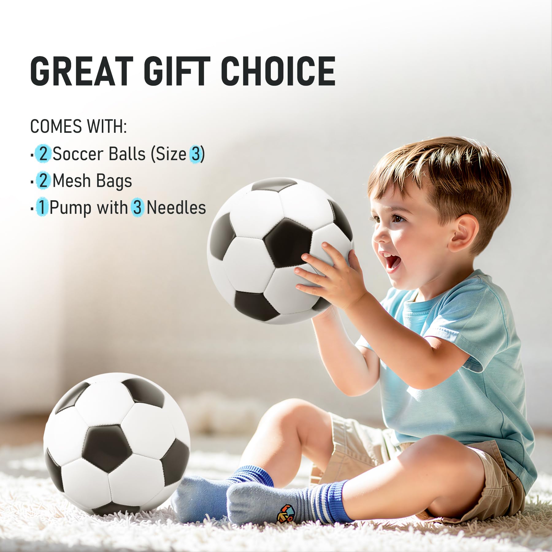 Pallone da calcio misura 3 con pompa e borsa, confezione da 2, classico bianco e nero, durevole per uso interno/esterno, ottimo regalo per bambini, ragazzi e adulti
